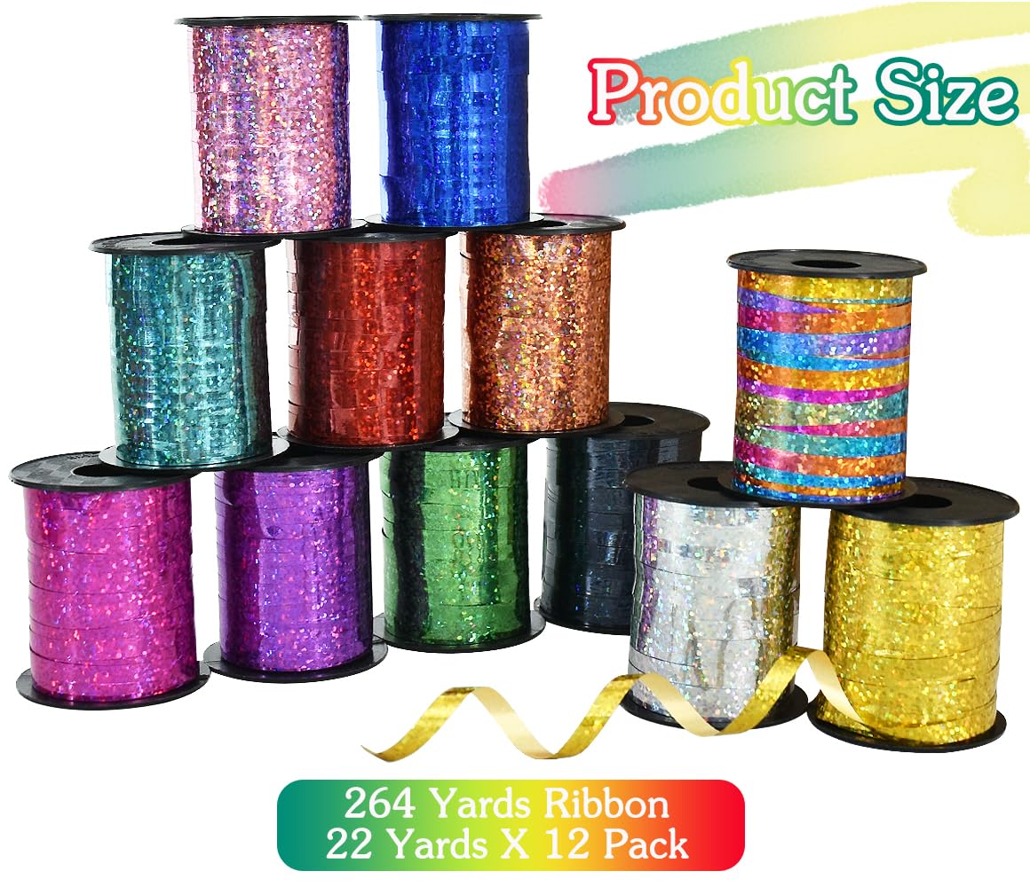 BEISHIDA 12 Assorted Colors Curling Ribbons Set,Rainbow Balloons Strings,1/5 ''Thin 264yds for Gift Wrapping Birthday Wedding Halloween Christmas Party Decoration (MIX-RIBBON-01)