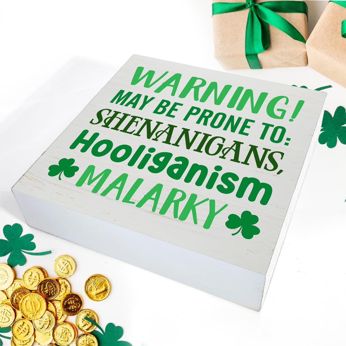 Dumyum St. Patrick's Day Decorative Sign, Wooden, 5 Inches x 5 Inches, Green, Rustic, Tabletop or Wall Mount