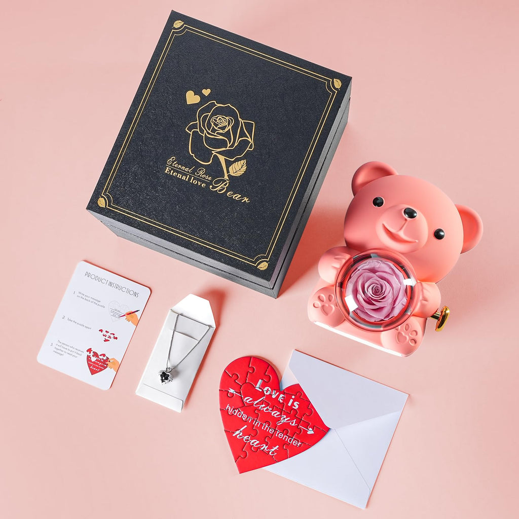Cute Teddy Bear with Preserved Rose - A Real Rose Flower in Bear with Elegant Gift Box - Romantic Gift for Her in Mother's Day, Weddings, Anniversaries, and Bridal Showers (Red)