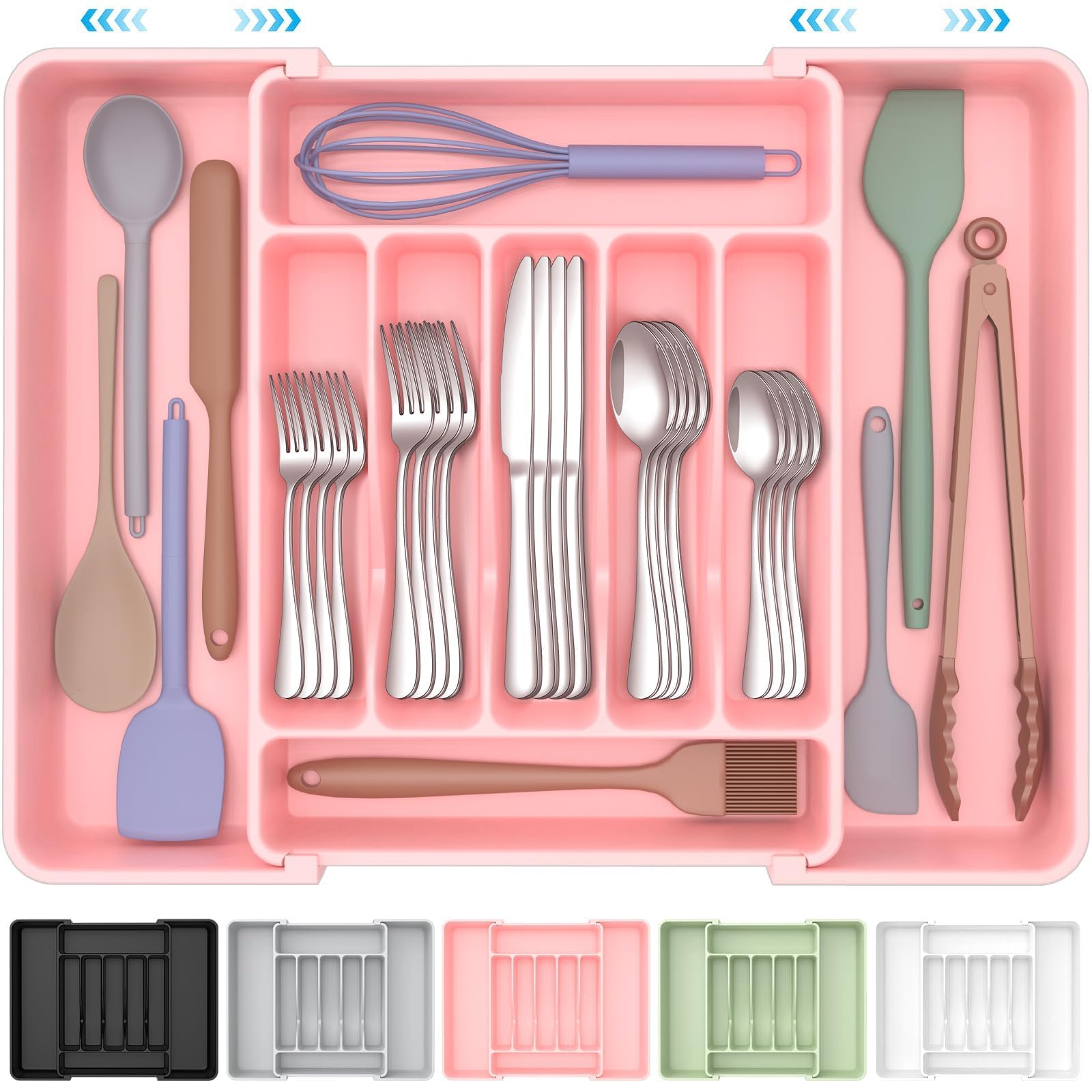ukeetap Extra Large Expandable Silverware Organizer, BPA-Free Food-Safe Cutlery Flatware Organizer, Kitchen Utensil Drawer Organizer, Adjustable Silverware Holder for Spoons Forks Knives, Black