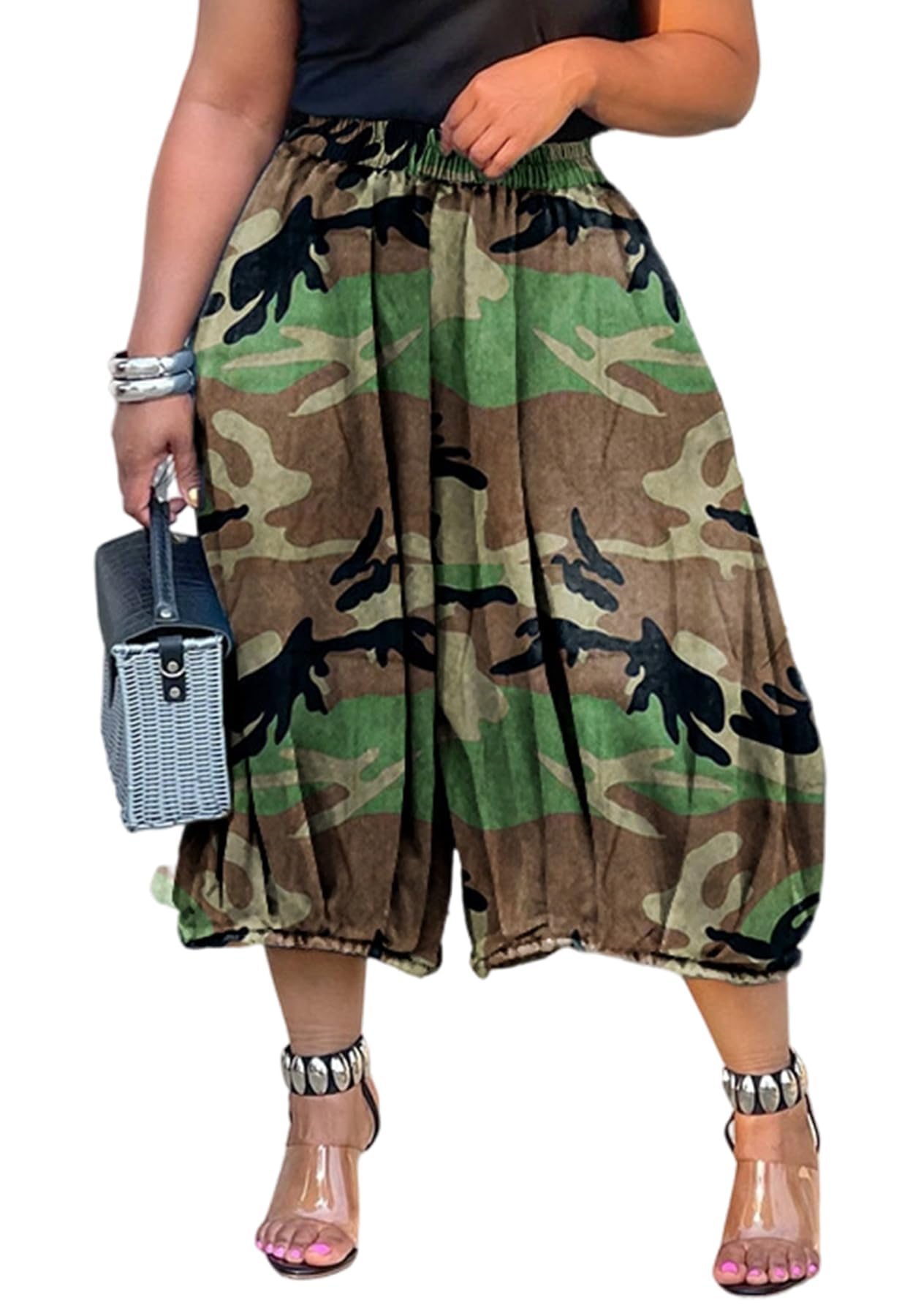 Unybwonn Women Baggy Cargo Jeans Camo Army Fatigue Wide Leg Harem Cropped Denim Pants Plus Size Camouflage Jean Trousers