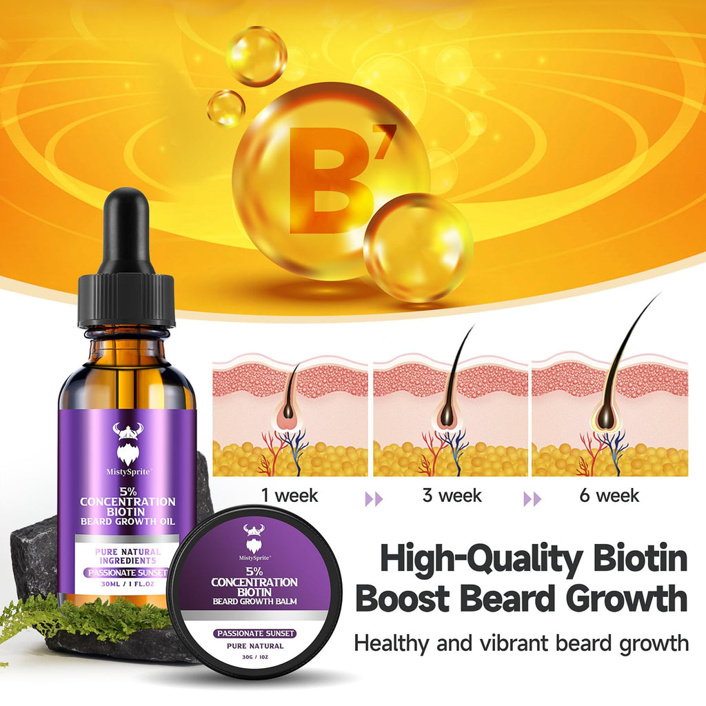 MistySprite Beard Growth Kit for Men, 2X Concentration Biotin Beard Oil & Styling Balm, Natural Facial Hair Conditioner with Argan, Jojoba & Vitamin E, Sandalwood Scent Softener