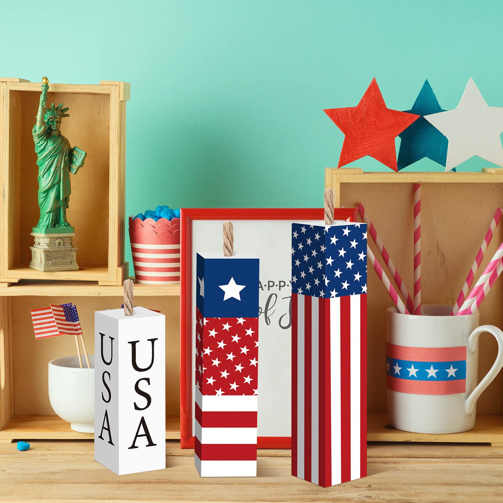 Amyhill 3 Pcs 4th of July Decorations Set Wooden Patriotic Table Centerpieces Independence Day Wood Firework Fourth of July Table Signs for 250th Anniversary Home Farmhouse Decor (Flag)