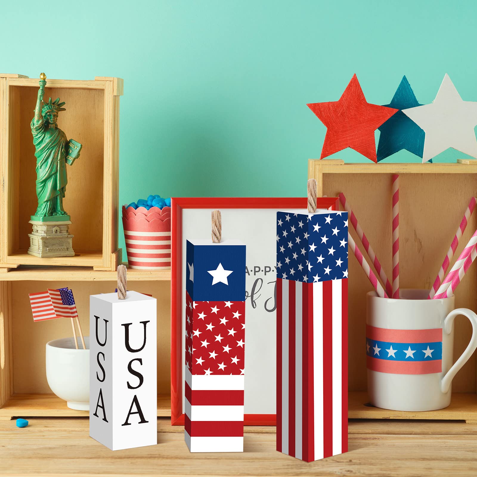 Amyhill 3 Pcs 4th of July Decorations Set Wooden Patriotic Table Centerpieces Independence Day Wood Firework Fourth of July Table Signs for 250th Anniversary Home Farmhouse Decor (Flag)