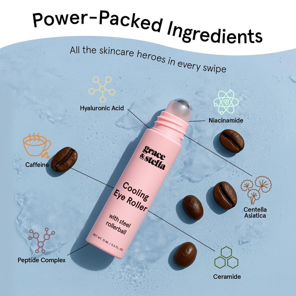 grace & stella Under Eye Brightener Roller - Airplane Travel Essentials - Travel Size Toiletries - Retinol & Caffeine Eye Serum for Puffiness, Dark Circles, Wrinkles - Vegan Skincare (15ml / 0.51floz)