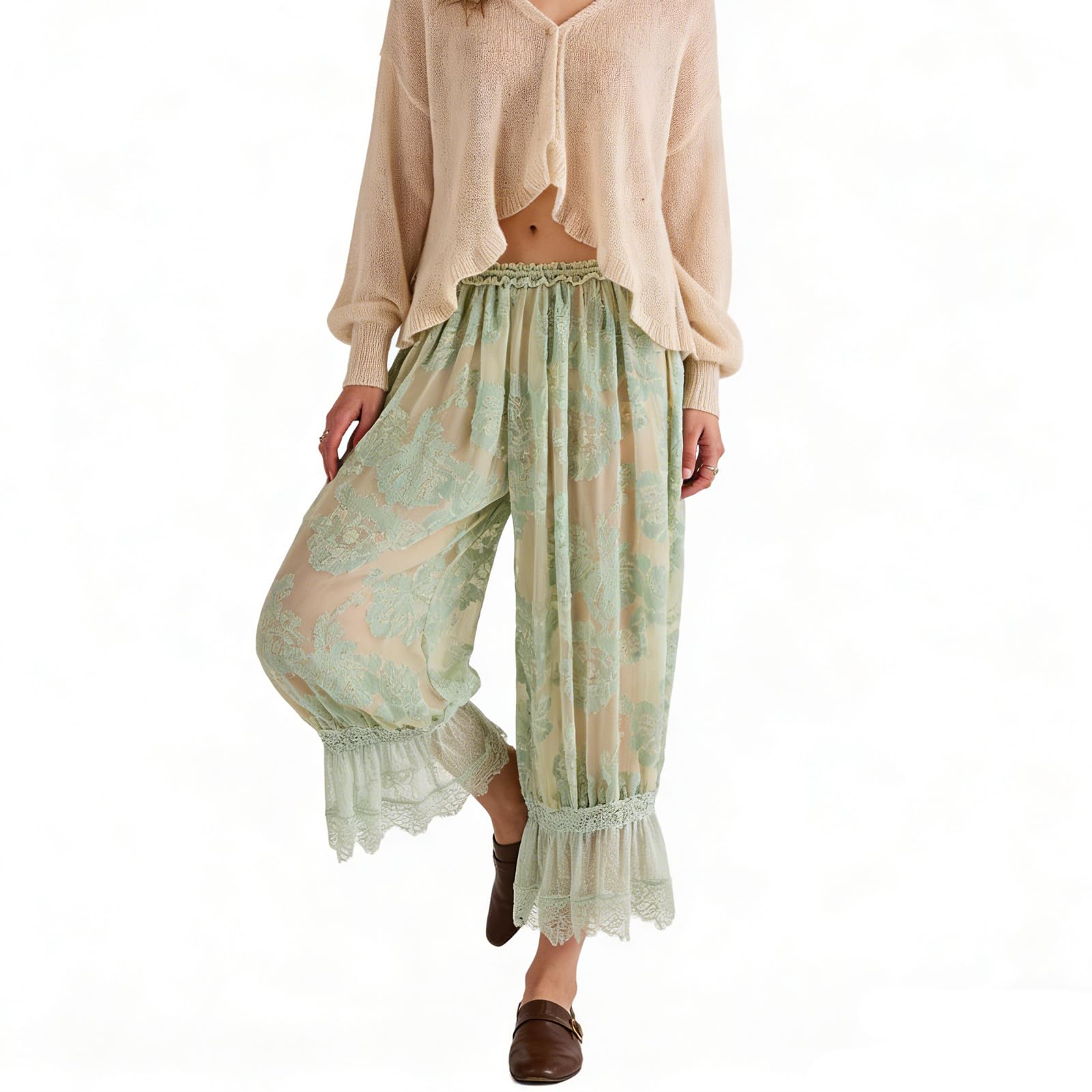 Women Lace Trim Long Bloomers Y2k Elastic Mid Rise Floral Ruffle Pantaloons Flared Slips Pants Pajama Bottoms