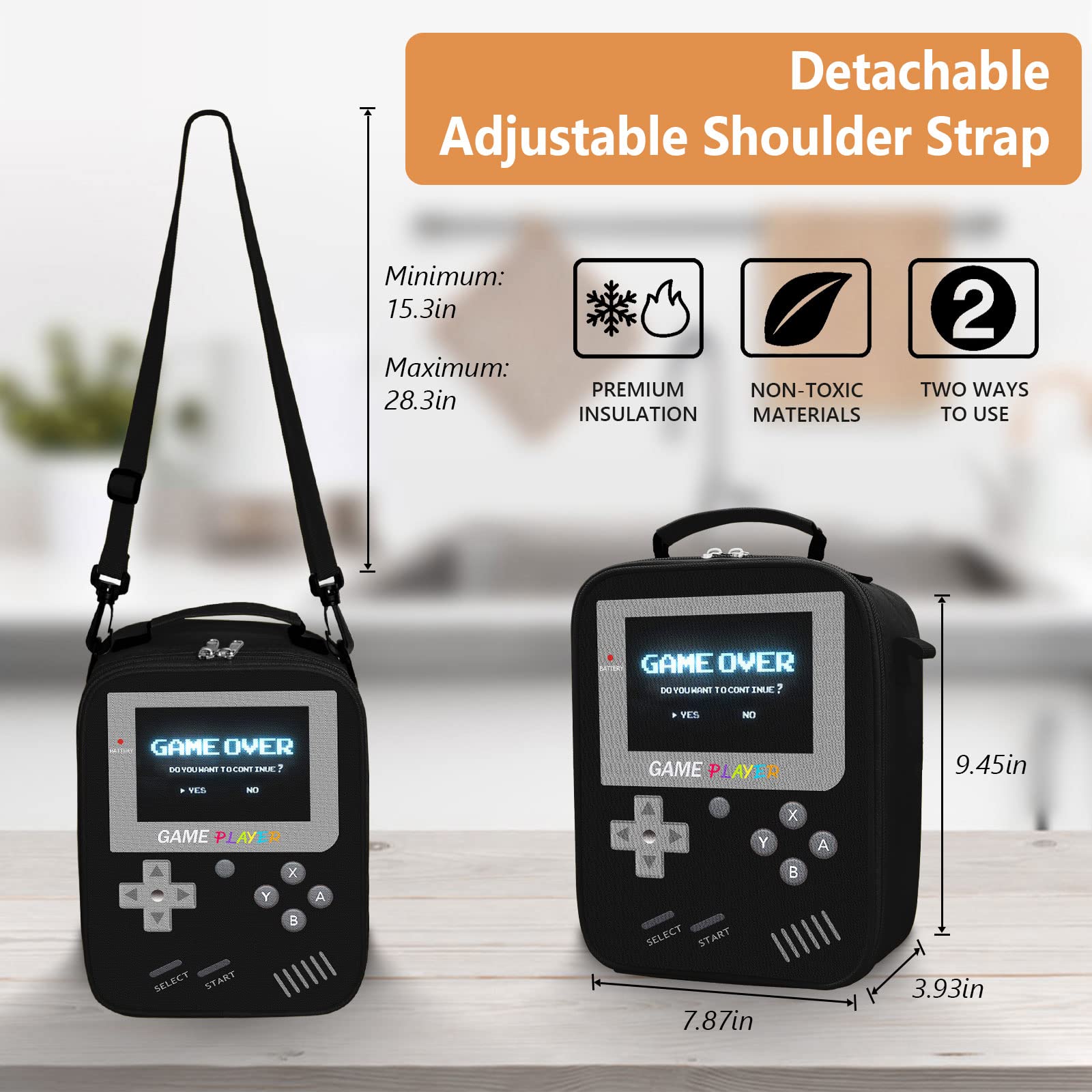 Boys Lunch Box for School, Gamer Kids Lunch Bag for Boys Girls, Insulated Video Game Lunchbox Waterproof Leakproof with Adjustable Shoulder Strap