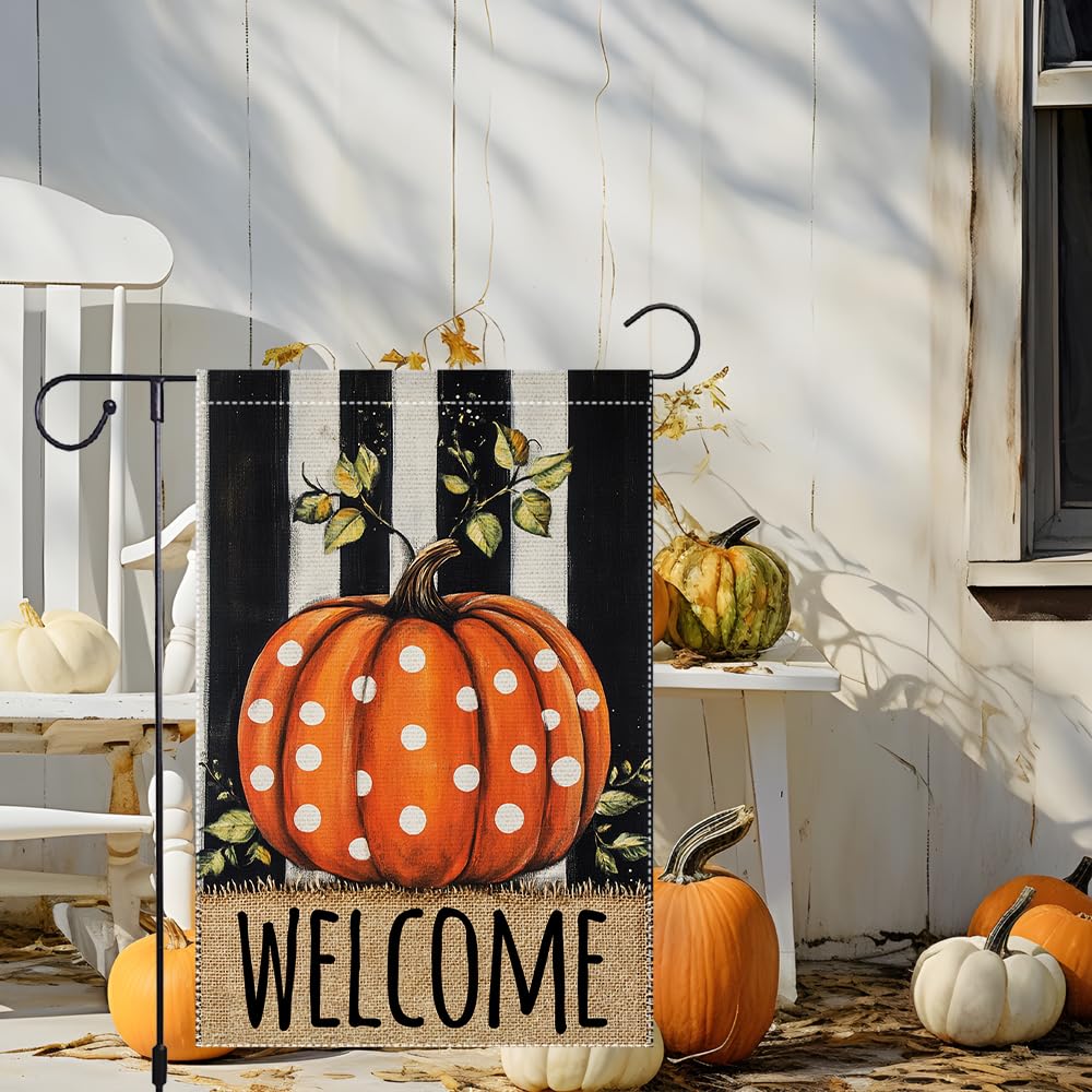 Fall Garden Flag For Outdoor Decor Thanksgiving Garden Flags Autumn Stained Glass Pumpkin Maple Leaf Double Sided Small Burlap Outside Porch Lawn Yard Flags Decorations 12.5x18 Inch