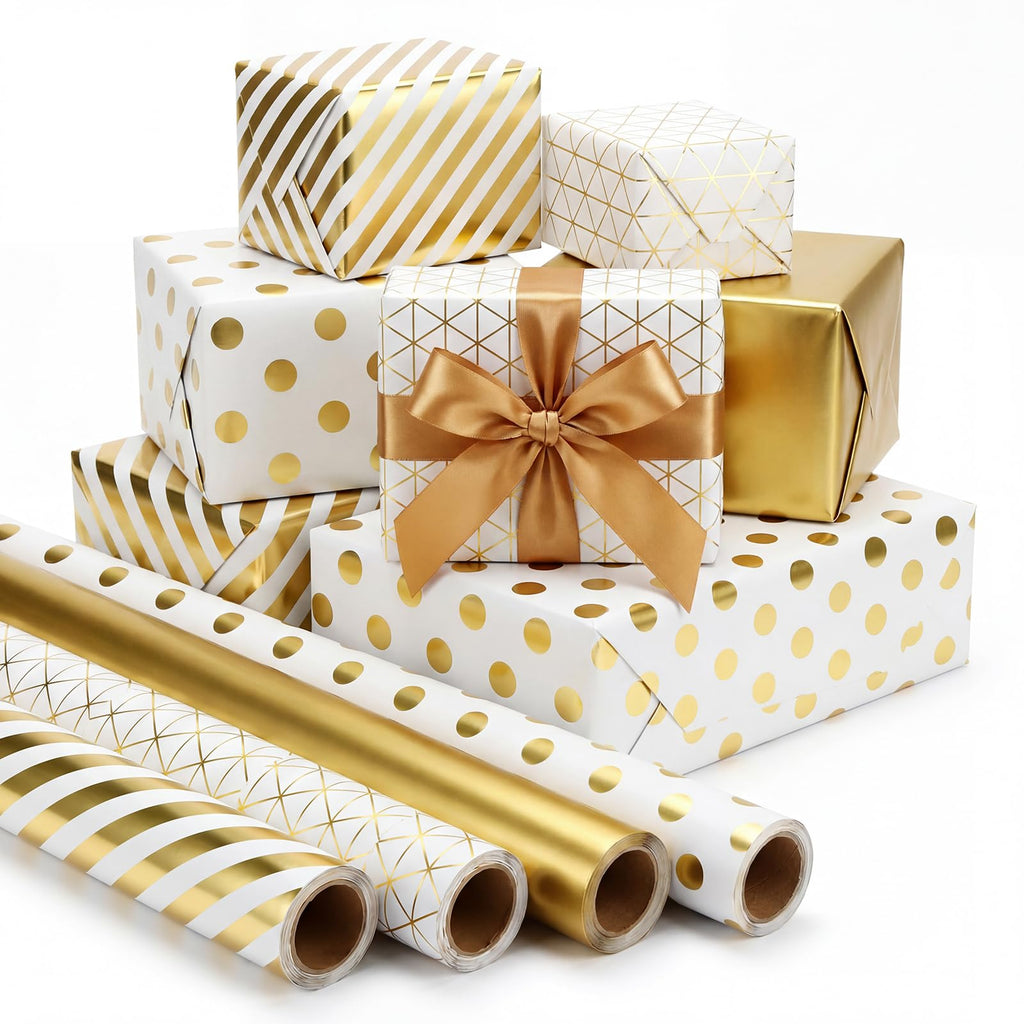 woric 4 Rolls Sage Green Wrapping Paper Neutral Wrapping Paper with Stripe Polka Dot Check Beige Leaves Design for Baby Shower Wedding Bridal Shower Graduation Birthday-17 x 120 in Per Roll