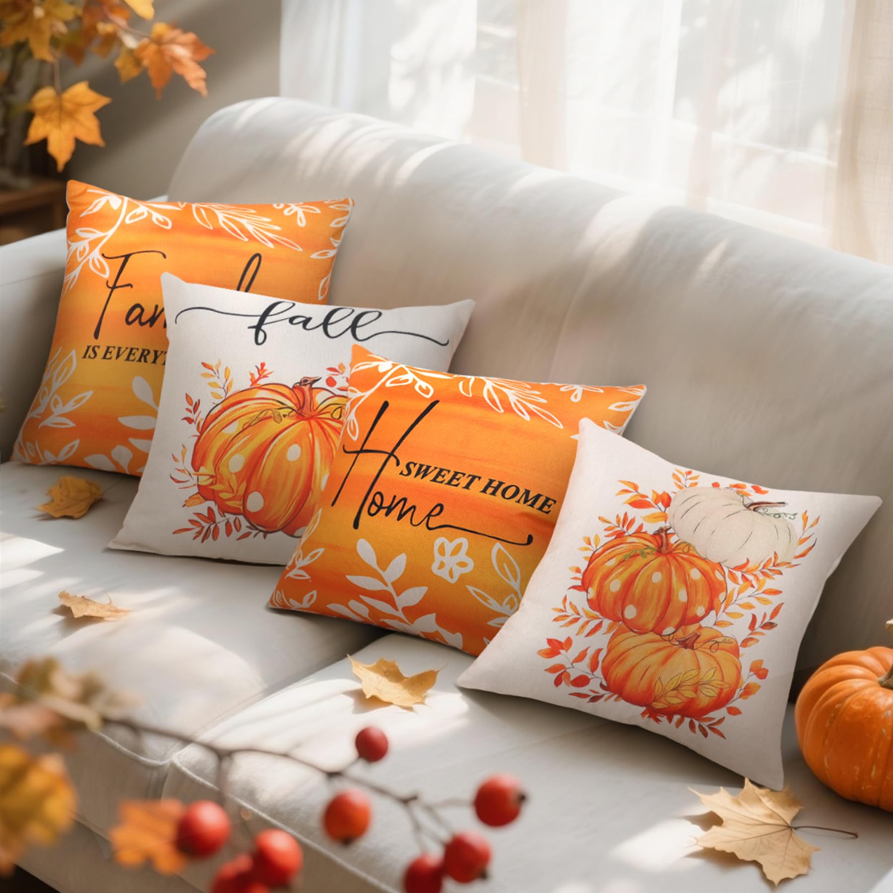 Hongsome Fall Decorations for Home-Throw Pillow Covers 18x18in Set of 4,Pumpkin Linen Pillow Case for Thanksgiving Couch Autumn Holiday Outdoor Burnt Orange White Decor