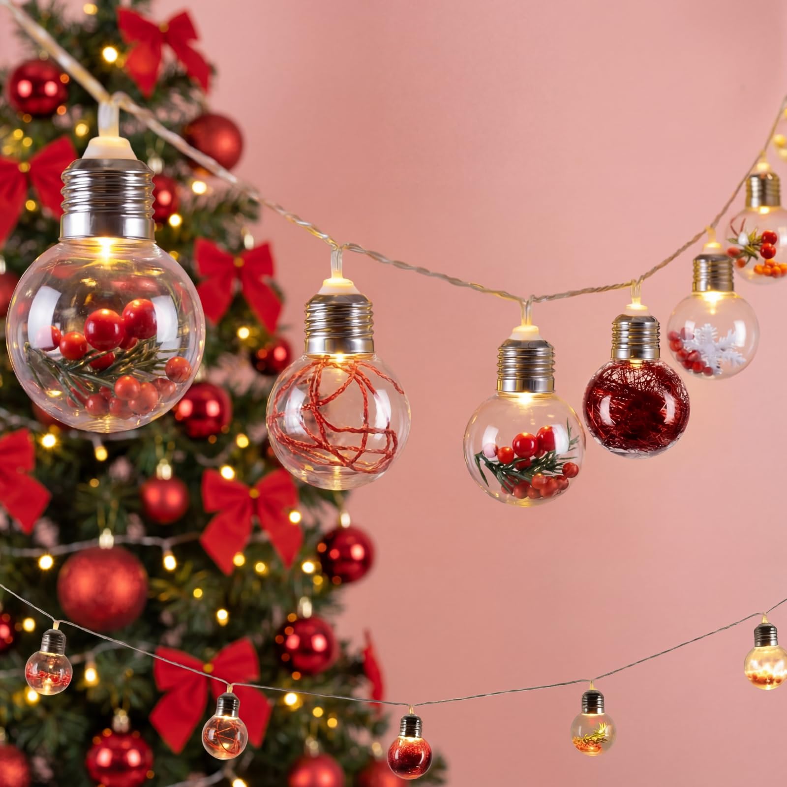 Aurelema Christmas Tree Snow Globe String Lights 6.56 FT 10 LED Xmas Light Balls with 5 Christmas Figurines Constant Vintage Decor Lighting for Indoor Outdoor Xmas Party Decoration(Red)