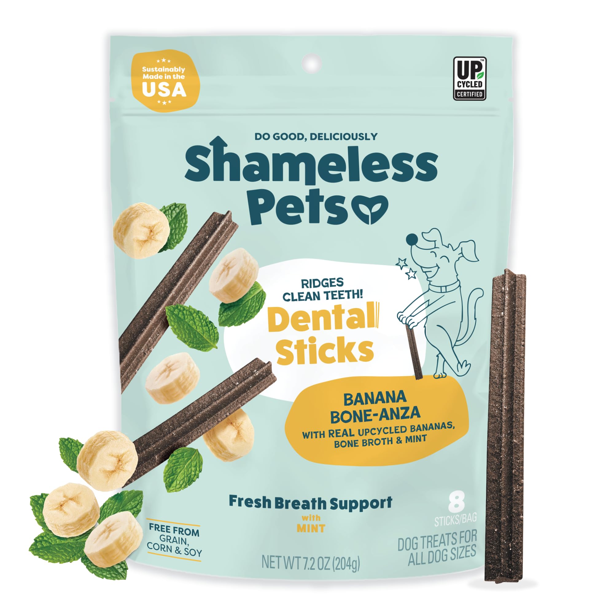 Shameless Pets Blueberry & Mint Dental Chews for Dogs, 8 Chews - Natural Dog Teeth Cleaning Treats with Fresh Breath Benefits | Grain-Free Dental Sticks for Small, Medium & Large Dogs