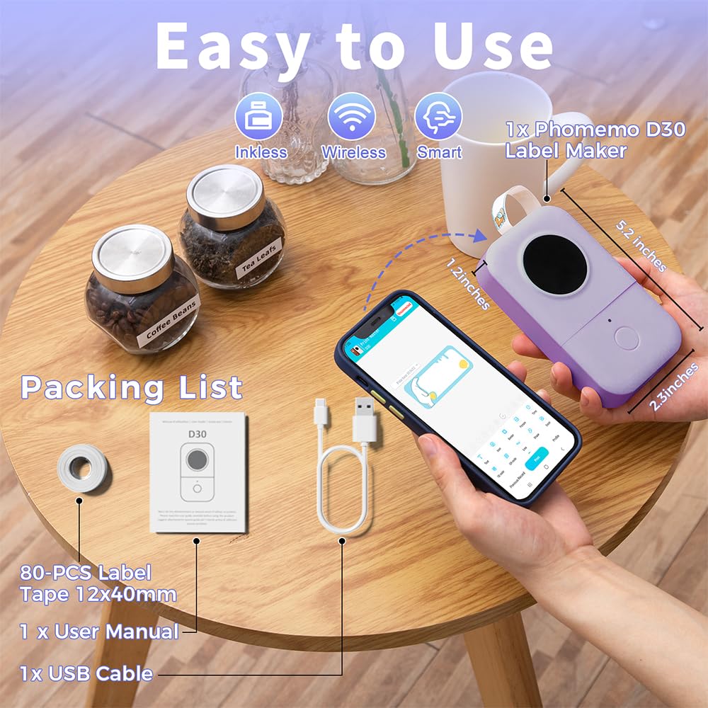 Phomemo Label Maker, D30 Portable Bluetooth Label Maker Machine with Tape, Small Mini Label Printer, Multiple Templates Fonts Icon Labeler for Home, School, Office