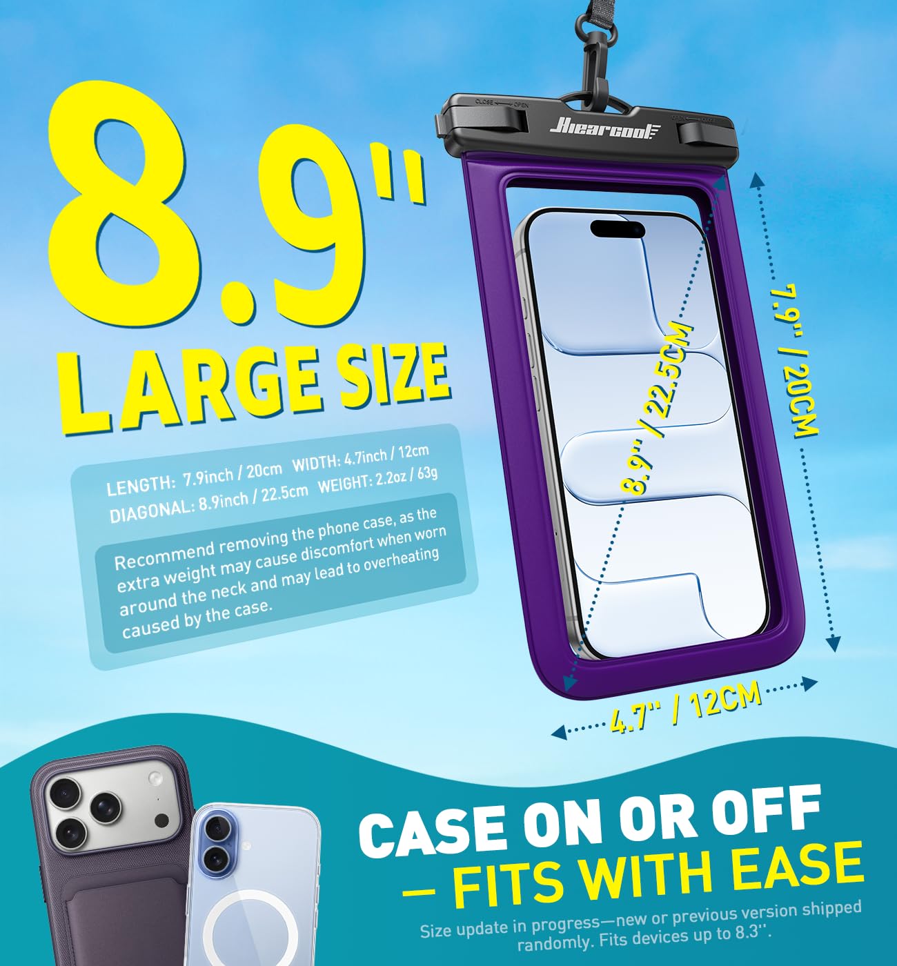 Hiearcool Waterproof Phone Pouch, IPX8 Waterproof Phone Case for iPhone 17/16/15/14 Pro Max, Cell Phone Dry Bag for Beach & Cruise Essentials, Touch Screen, Lanyard Included, 2 Pack (Fits Up to 8.9”)