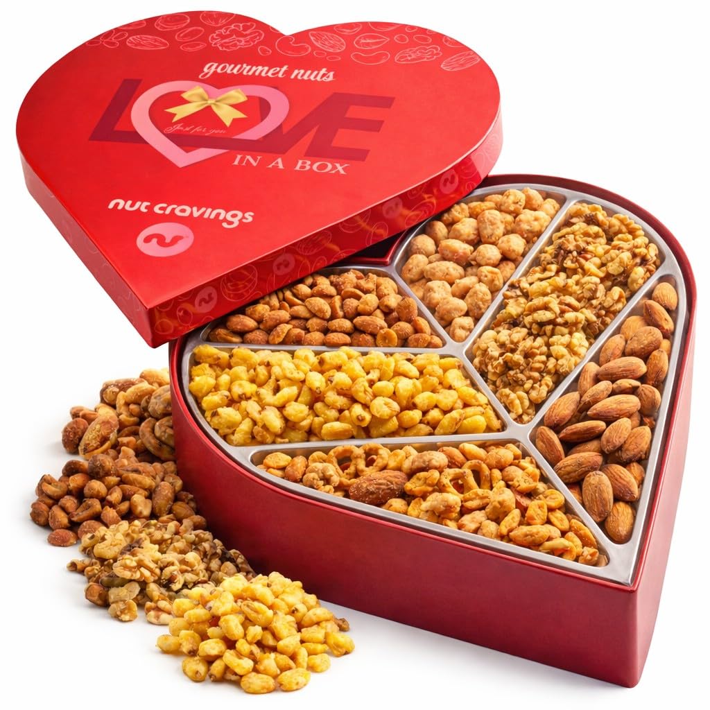 NUT CRAVINGS - Fathers Day Treats, Gift For Dad, Mixed Nuts Heart Shaped Gift Basket, Love in A Box (6 Assortments, 2 LB) Romantic Food Arrangement, Healthy Snack Care Package, Food Assortments