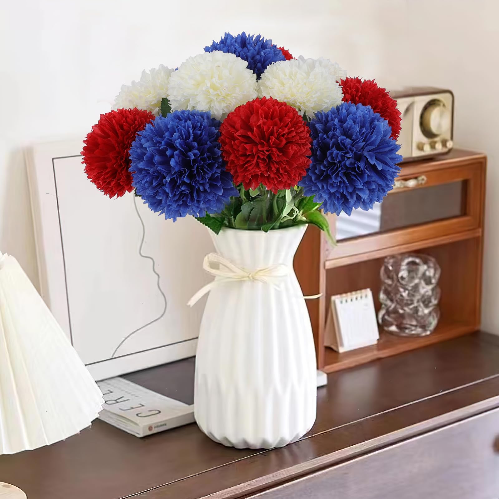 Hananona 12 Pcs Artificial Chrysanthemums Flowers Patriotic Flower, 4th of July Fake Mums Flowers Silk for Home Decor Indoor Memorial Day Table Centerpiece Vase not Included (12, Red, White, Blue)