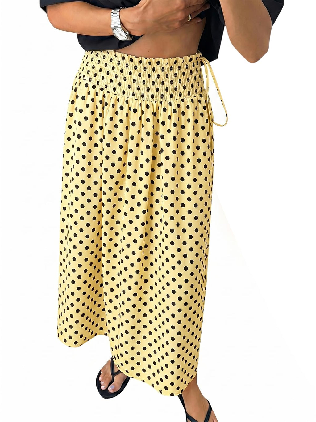 Tankaneo Womens Polka Dot Maxi Skirts Boho Smocked High Waisted Tie Skirt Casual Beach Vacation Dress