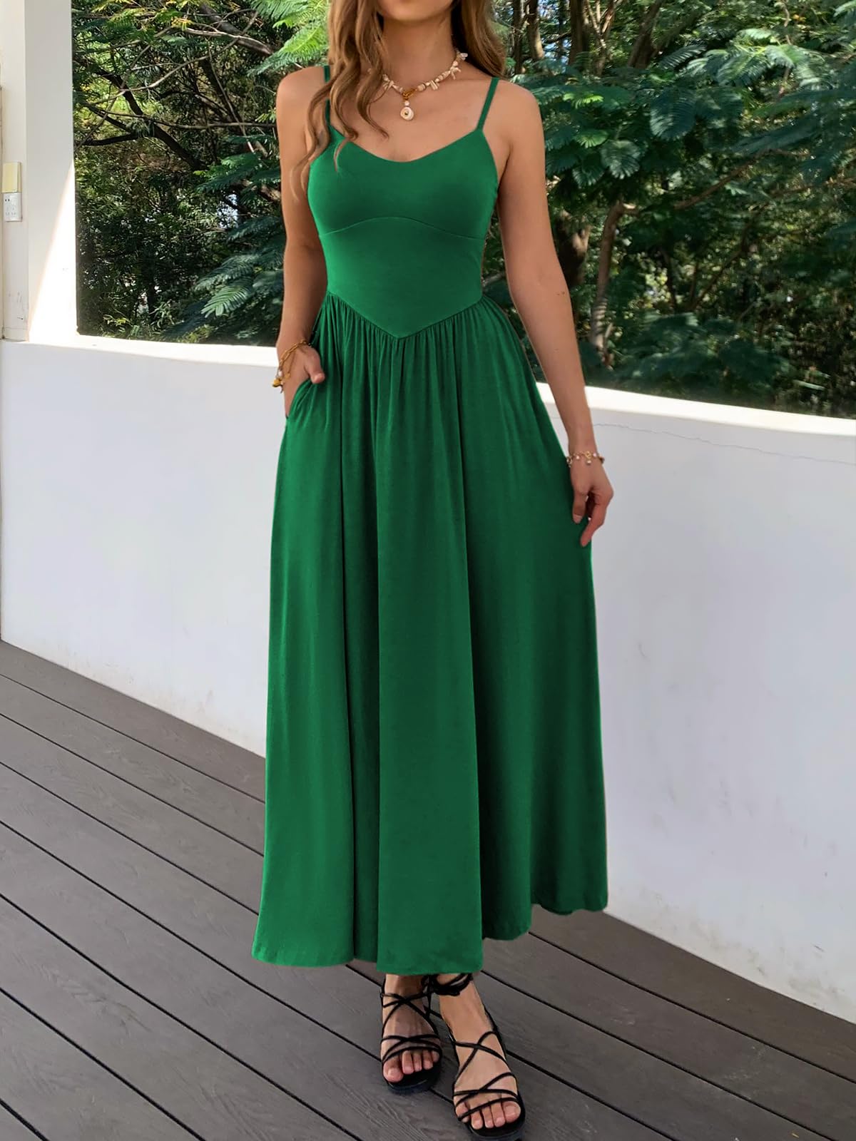 Womens Spaghetti Strap Maxi Dresses Summer Casual Sleeveless A Line Long Flowy Dress with Pockets Beach Sundresses