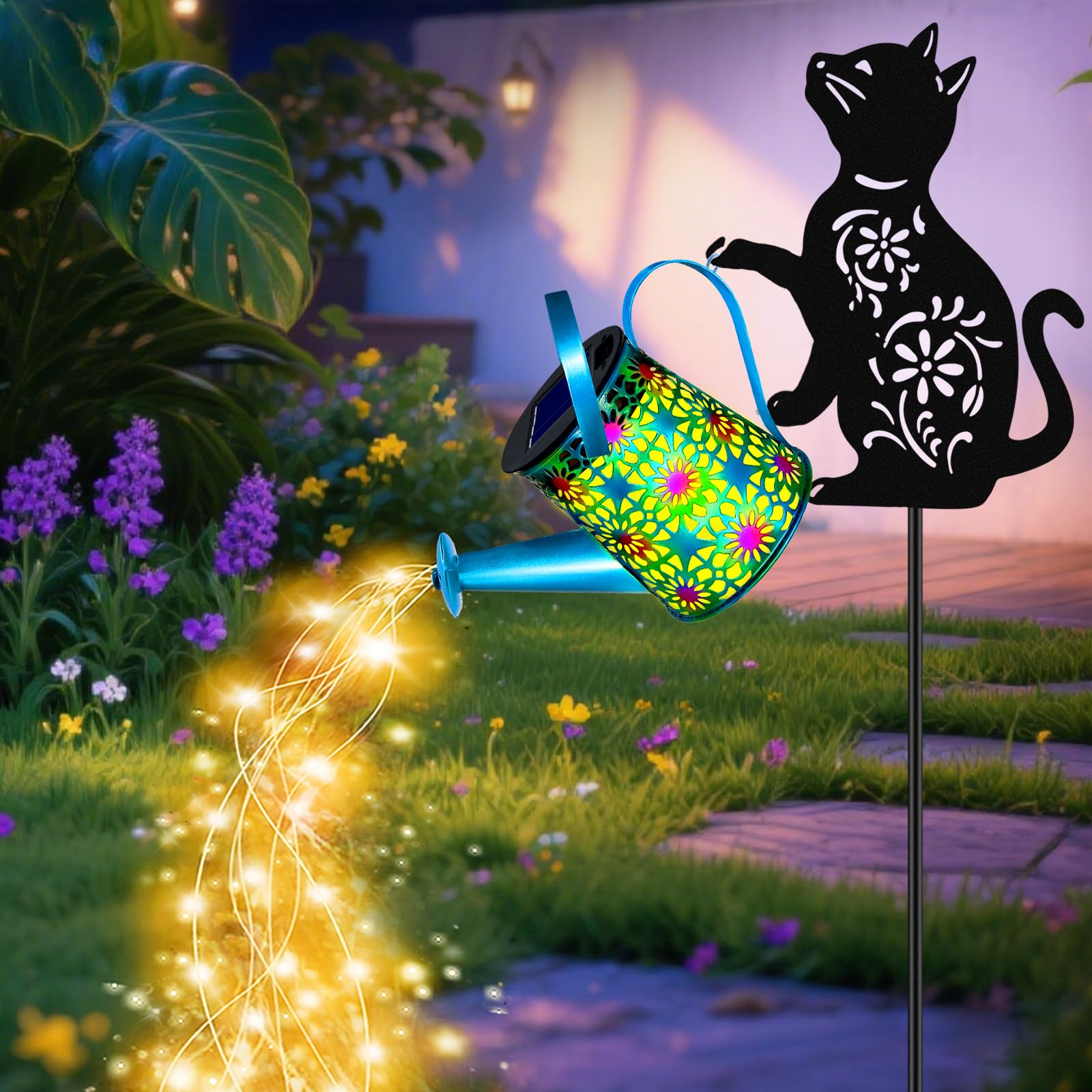 Solar Watering Can Lights, Cat Hanging Lantern Solar Lights Outdoor, Cat Lover Gifts for Mom Women Birthday Mother's Day Christmas, Waterproof Garden Decor Outside Patio Yard Pathway Backyard