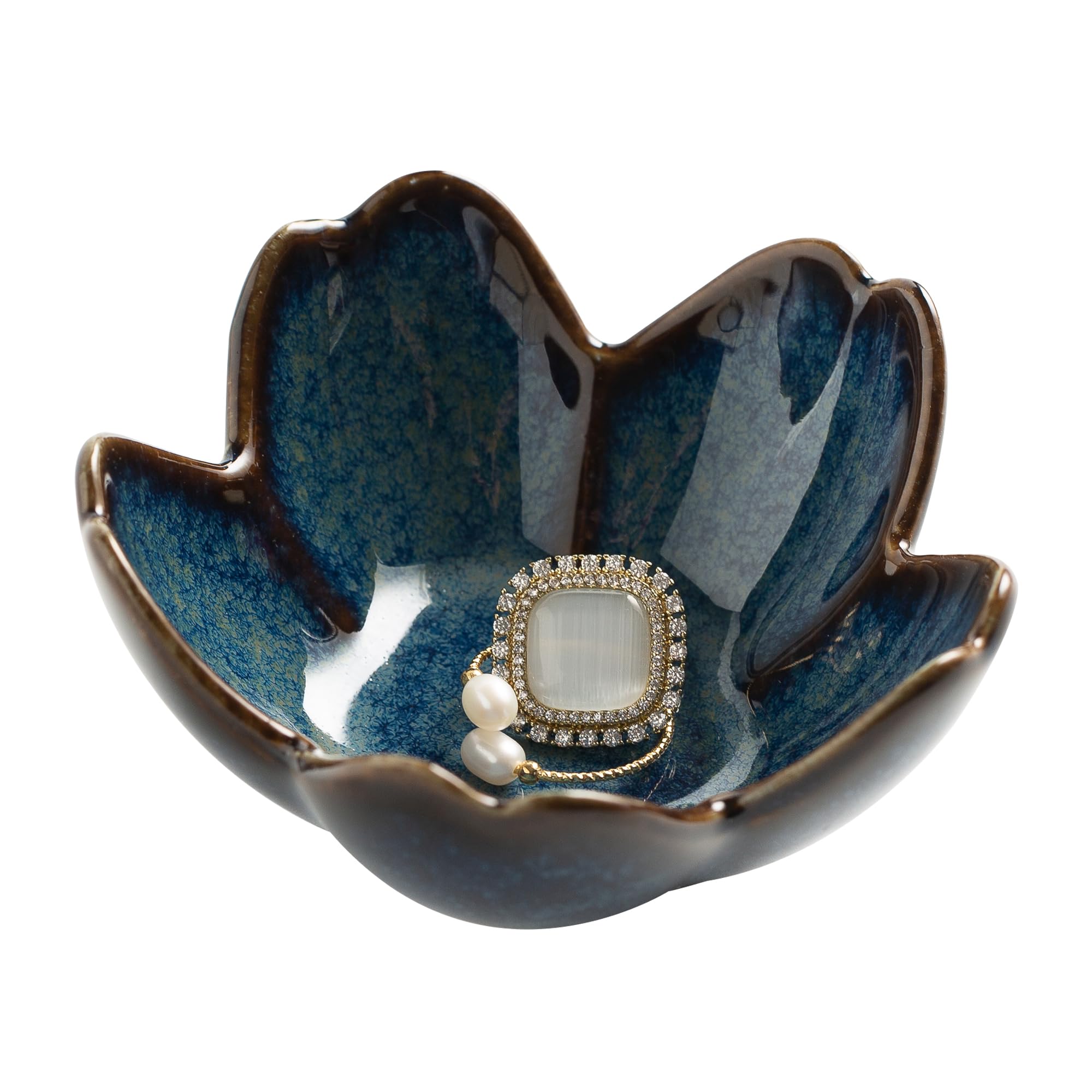 Flower Ring Holder Dish, Ceramic Jewelry Tray Dish, Small Trinket Dish, Jewelry Plate Bowl, Cute Jewlery Ring Holder Dish, Aesthetic Room Decor, Christmas Birthday Gifts for Women, 1 pack (blue)