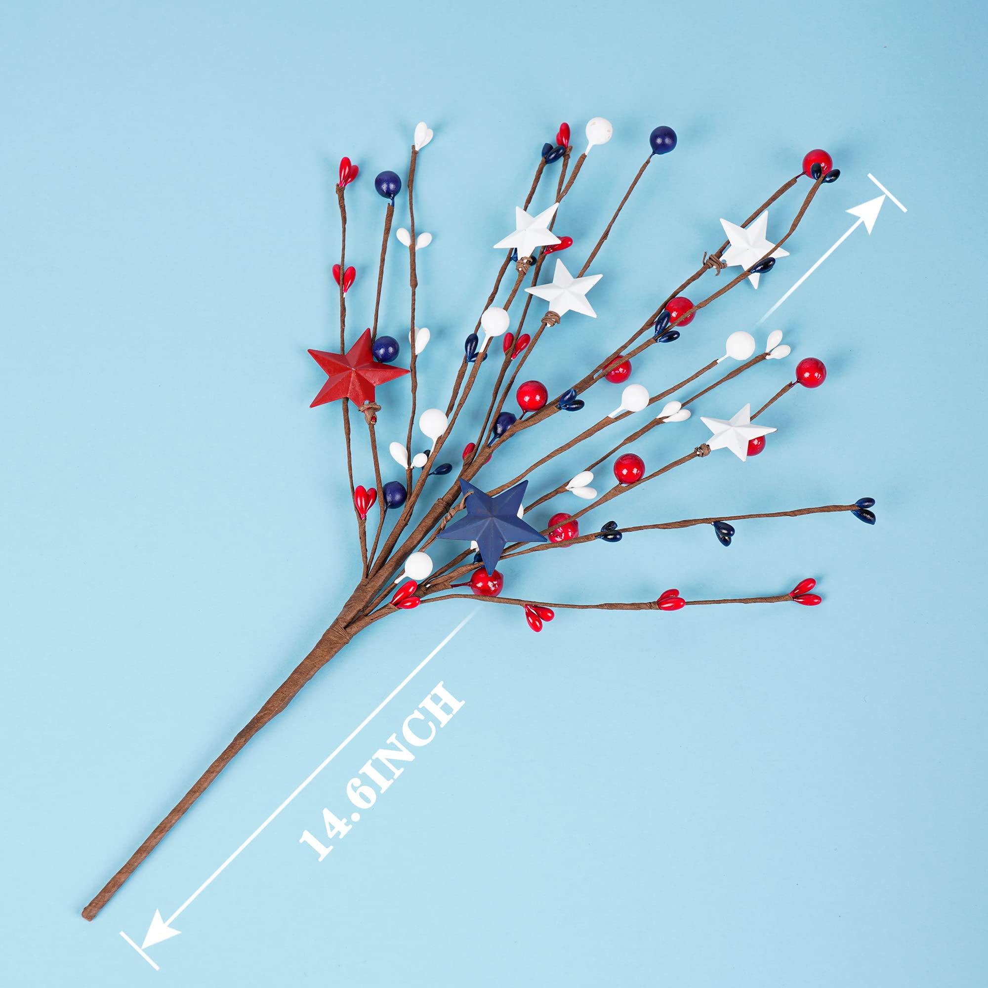 4 Pack Patriotic Artificial Berry Stem Picks White Blue Red Stars for 4th of July Independence Day, Pentagram Faux Berry Branches Decoration for Home Office Restaurant Vase Décor