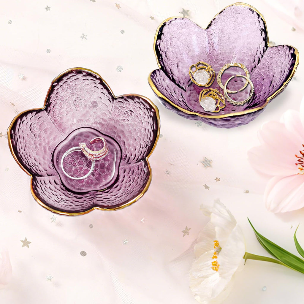 Purple Flower Jewelry Dish Glass Ring Holder Dish Jewelry Tray Cute Vanity Organizer Aesthetic Nightstand Bathroom Room Decor Trinket Dish Mothers Day Friendship Christmas Birthday Gifts for Women