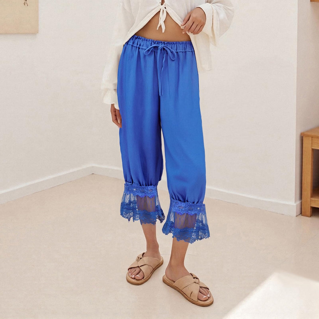 Women Lace Trim Long Bloomers Y2k Elastic Mid Rise Floral Ruffle Pantaloons Flared Slips Pants Pajama Bottoms