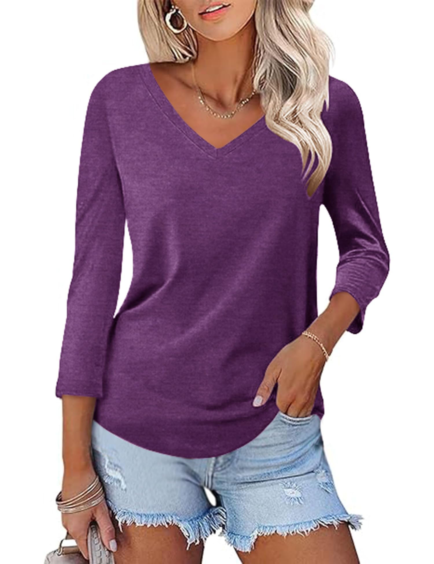 KTILG Women's V Neck T Shirts 3/4 Sleeve Blouse Summer Tops Dressy Casual Solid Basic Tees