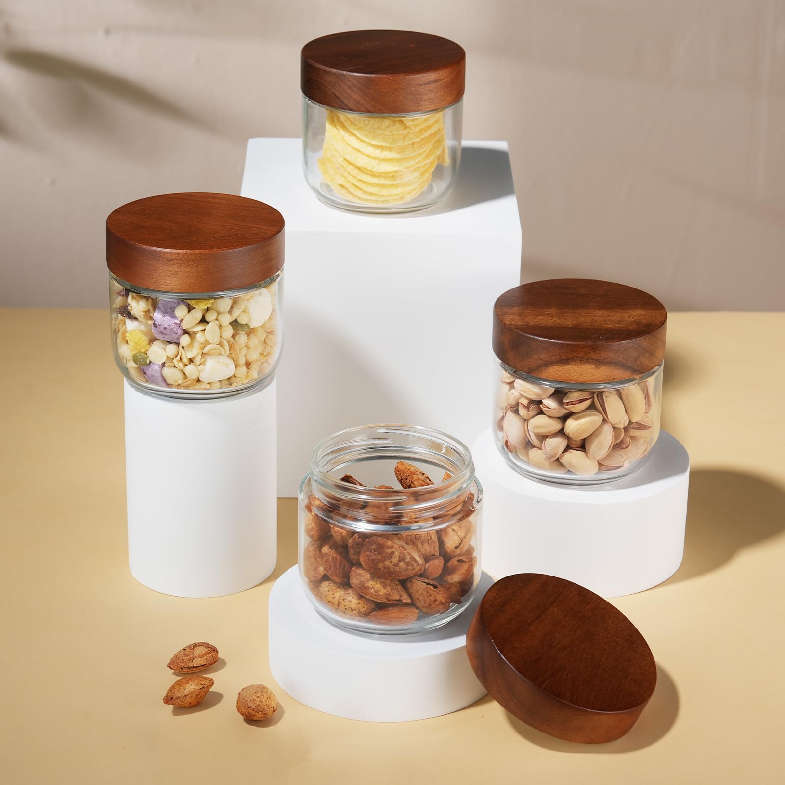 Bumobum 10 oz Small Glass Jars with Lids, Glass Container with Acacia Wood Airtight Lid, Wide Mouth Canisters for Chia Pudding Loose Tea Coffee Meal Prep Parfait Salad Snacks Yogurt Spice, 4-Pack