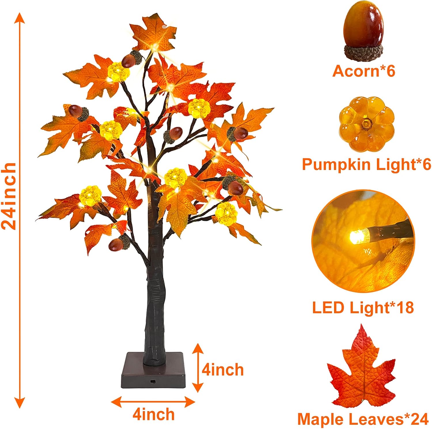 Fall Decor -2 Pack 24 Inch Prelit Fall Lighted Maple Tree 48 LED Timer Table Lights, Acorn Pumpkin Lights Battery Operated for Wedding Party Autumn Fall Decorations for Home Harvest Indoor Outdoor