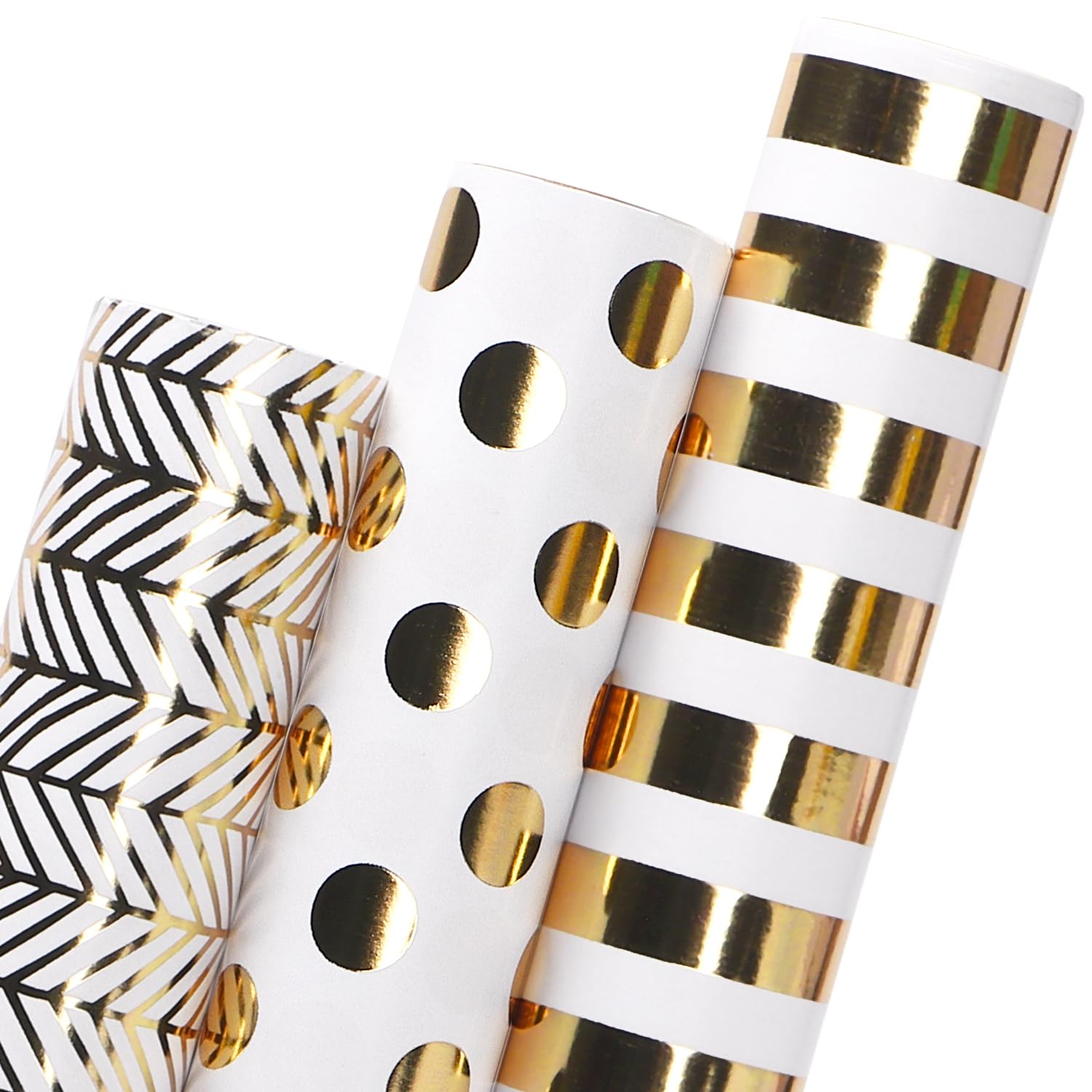Ribbli Birthday Wrapping Paper Iridescent Gift Wrapping Paper Mini Roll, 3 Rolls Happy Birthday Polka Dots Stripes Printed Assortment - 17 inch x 120 inch(10feet) Per Roll