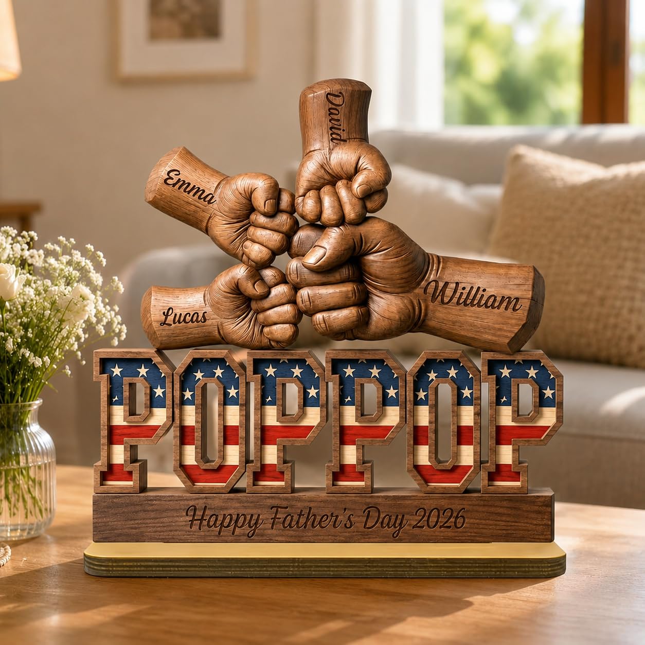 Personalized Fist Bump Dad and Kids Name Wooden Plaque, Custom Fathers Day Plaque for Dad Grandpa, Customized Sign Decorations for Daddy, Grandpa, Heartfelt Father's Day Birthday Gifts for Husband