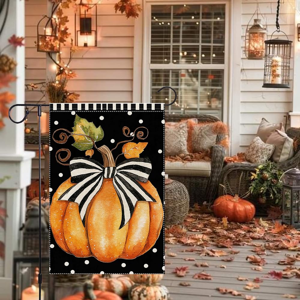 Fall Garden Flag For Outdoor Decor Thanksgiving Garden Flags Autumn Stained Glass Pumpkin Maple Leaf Double Sided Small Burlap Outside Porch Lawn Yard Flags Decorations 12.5x18 Inch