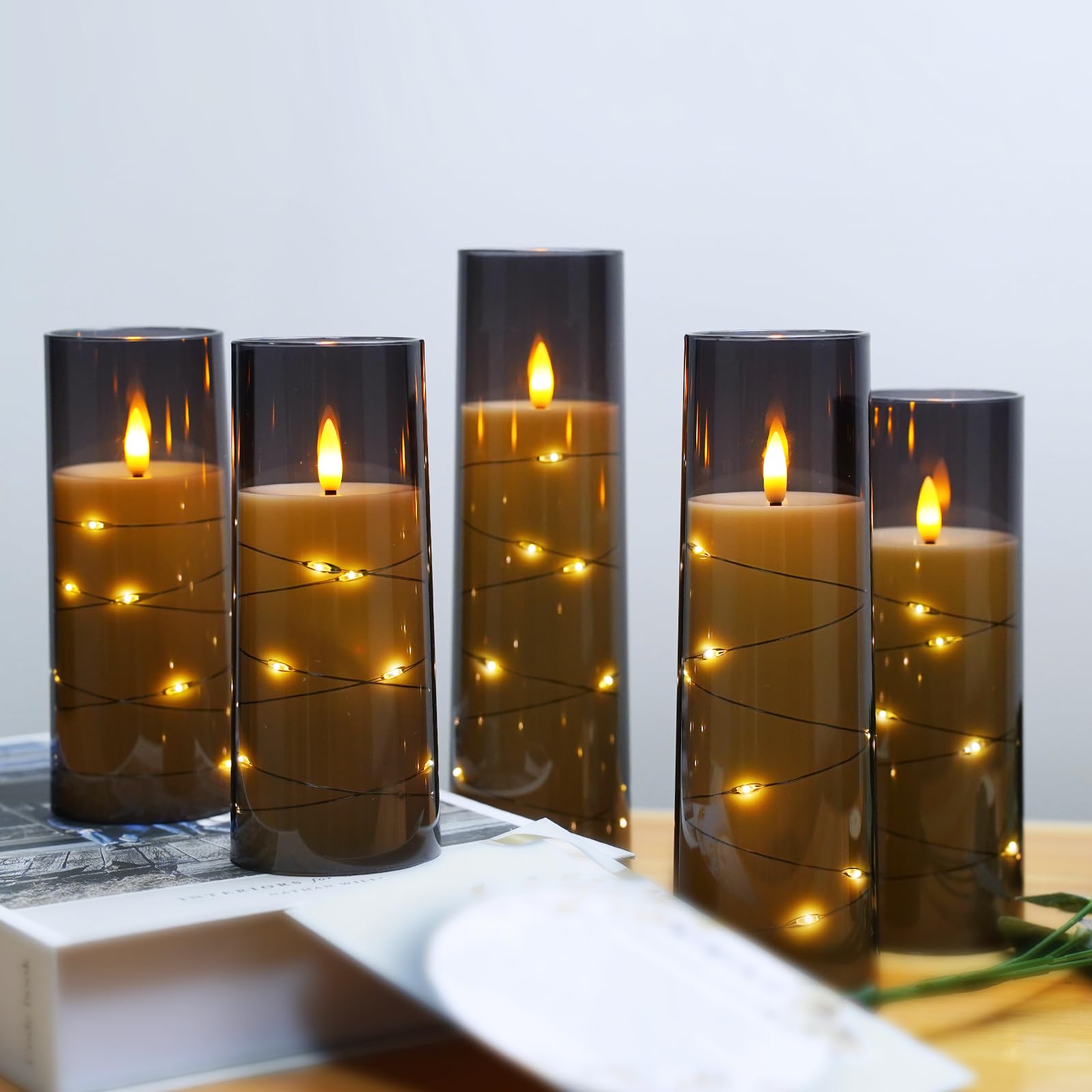 kakoya Flameless LED Candles with Timer 5 Pc Flickering Flameless Candles for Romantic Ambiance and Home Decoration Stable Acrylic Shell,with Embedded Star String，Battery Operated Candles（Red）