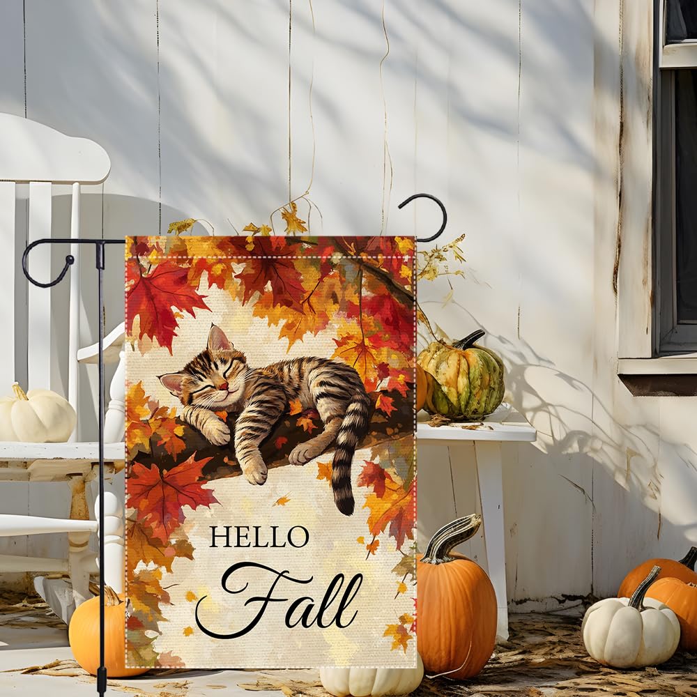 Hello Fall Garden Flag Cat Garden Flags 12x18 Inch Double Sided Vertical Autumn Farmhouse Home Decor Yard Lawn Outdoor Decorations
