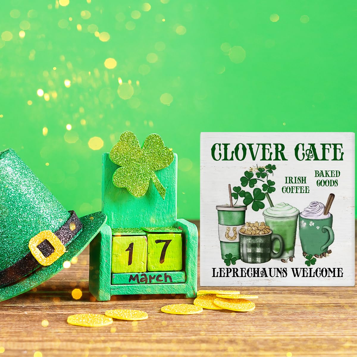 Dumyum St. Patrick's Day Decorative Sign, Wooden, 5 Inches x 5 Inches, Green, Rustic, Tabletop or Wall Mount