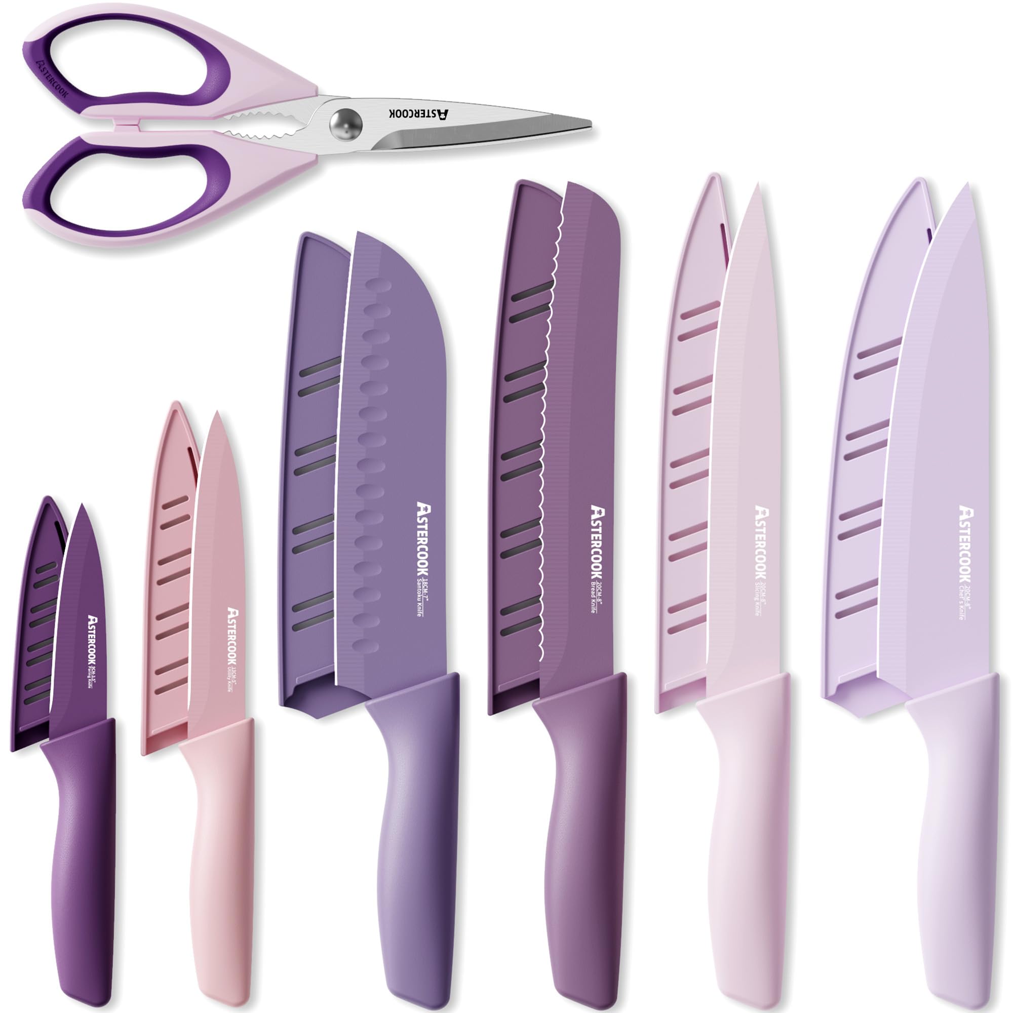 Astercook Knife Set, 13 Pieces Kitchen Knives Set with Healthy Anti-Rust Coating, Dishwasher Safe, Stainless Steel Chef Knife Sets with 6 Blade Guards, Fathers Day Gift for Men