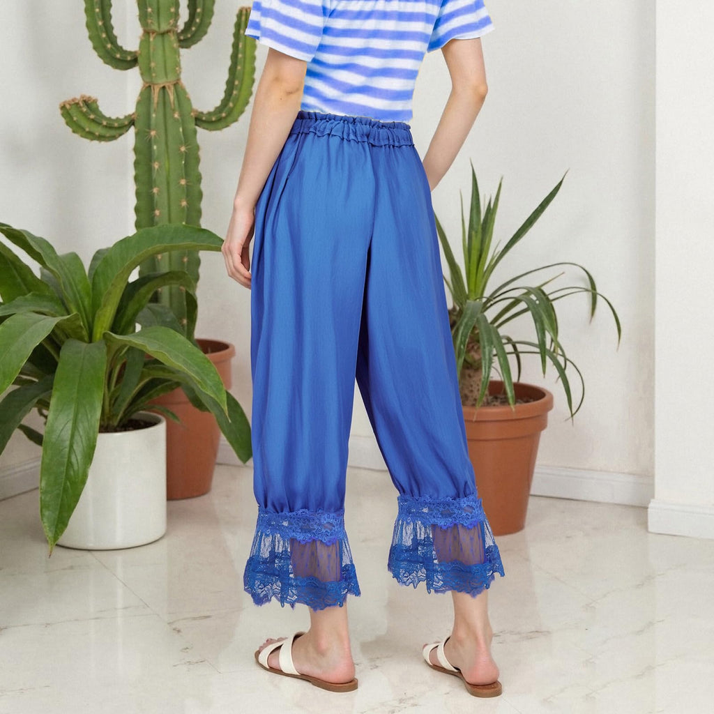 Women Lace Trim Long Bloomers Y2k Elastic Mid Rise Floral Ruffle Pantaloons Flared Slips Pants Pajama Bottoms