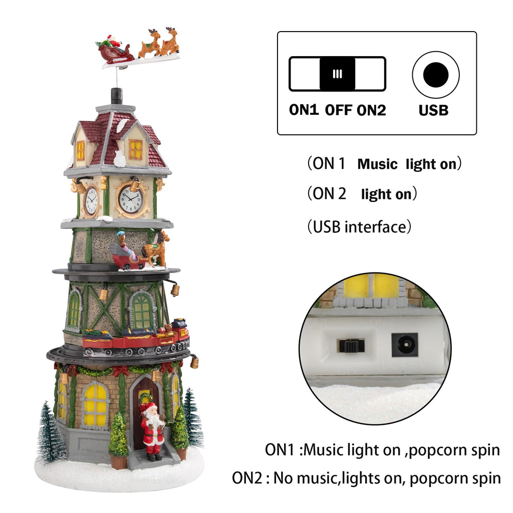 Christmas Village House Musical Christmas Collectible Buildings Church Train Snowman Children Skating with LED Lights Vacation Village with USB Indoor Figurines Indoor Tabletop Decoration
