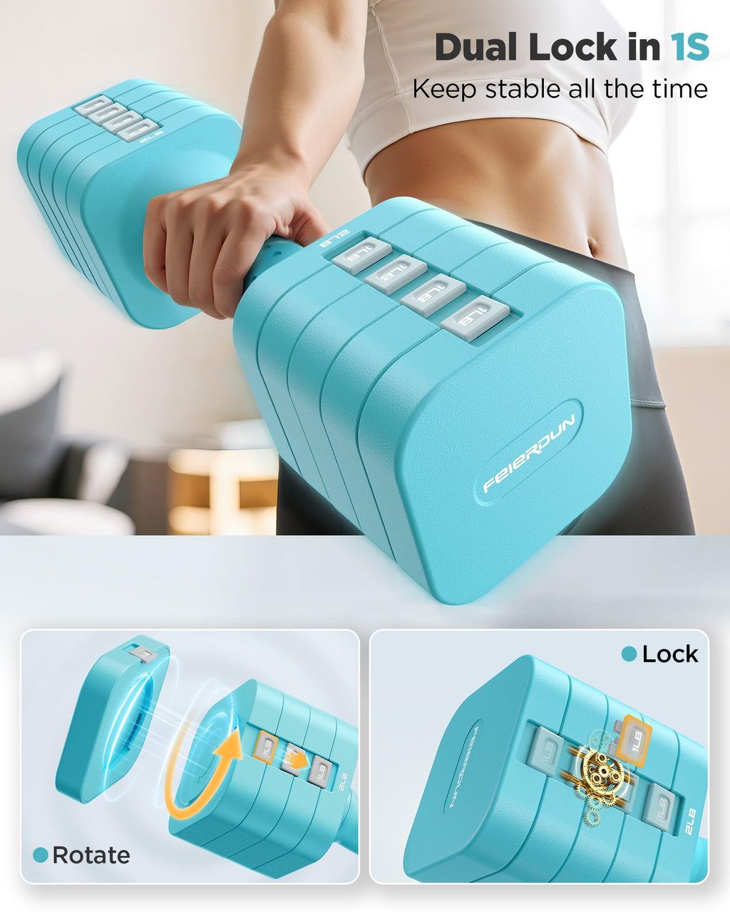 FEIERDUN DB3 5-in-1 Adjustable Dumbbell Set, 6LB/10LB Pair Adjustable Weights for Women at Home, Dual Locking Stable Hand Weights with TPU Soft Handle, Home Gym, Rehab, Pilates, Yoga, Strength Training