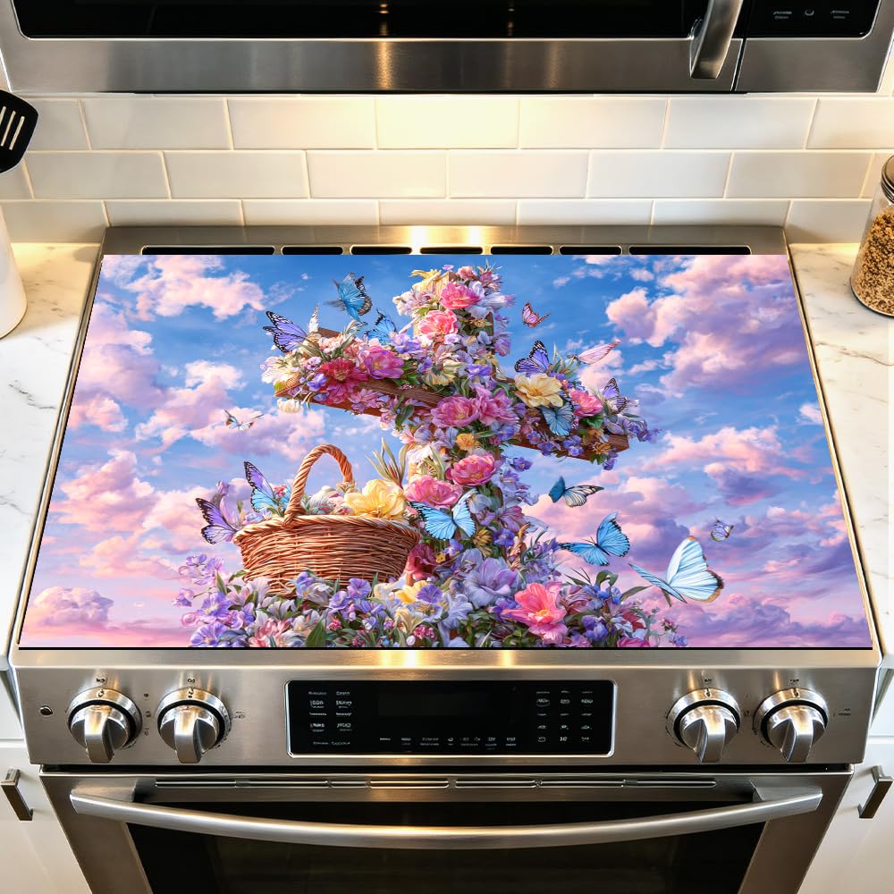 Stove Mat 28.35 x 20.47 Inch Christmas Fireplace and Tree Design Cozy Living Room Holiday Scene Decorative Kitchen Countertop Cover Reusable Flexible Mat for Gas Range Electric Stove Home Winter Décor