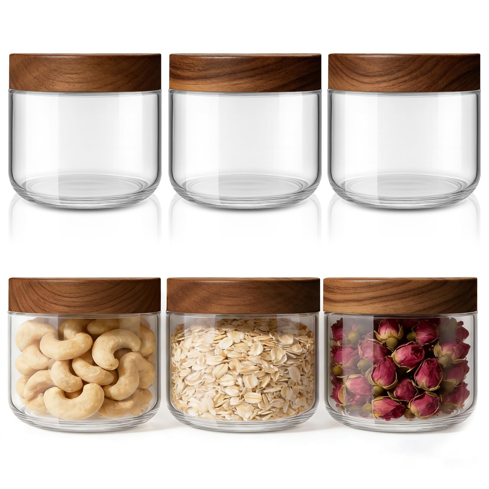 Bumobum 10 oz Small Glass Jars with Lids, Glass Container with Acacia Wood Airtight Lid, Wide Mouth Canisters for Chia Pudding Loose Tea Coffee Meal Prep Parfait Salad Snacks Yogurt Spice, 4-Pack