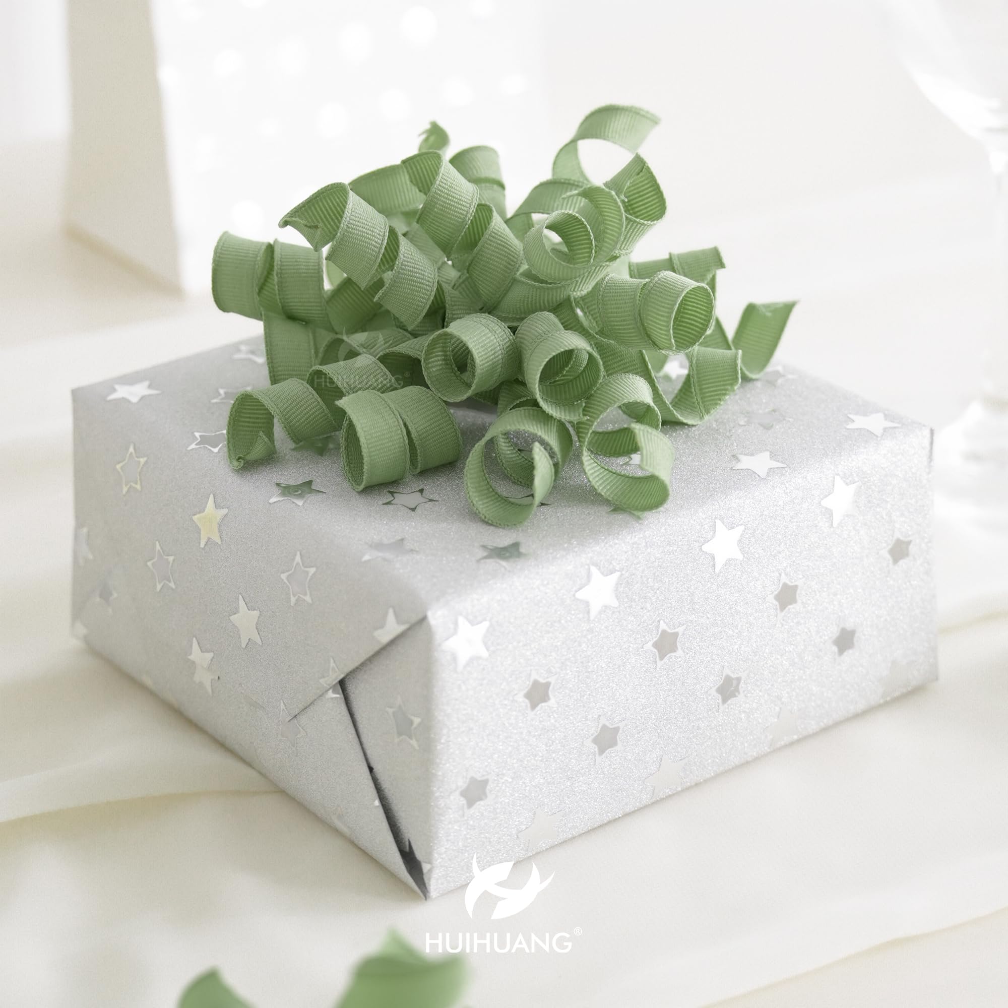 HUIHUANG Green Curly Gift Bows Self Adhesive Sage Green Burst Gift Bow for Gift Wrapping, Birthday, Wedding Baby Shower Party Favors, Wine Bottle, Treat Bags- 6 Counts