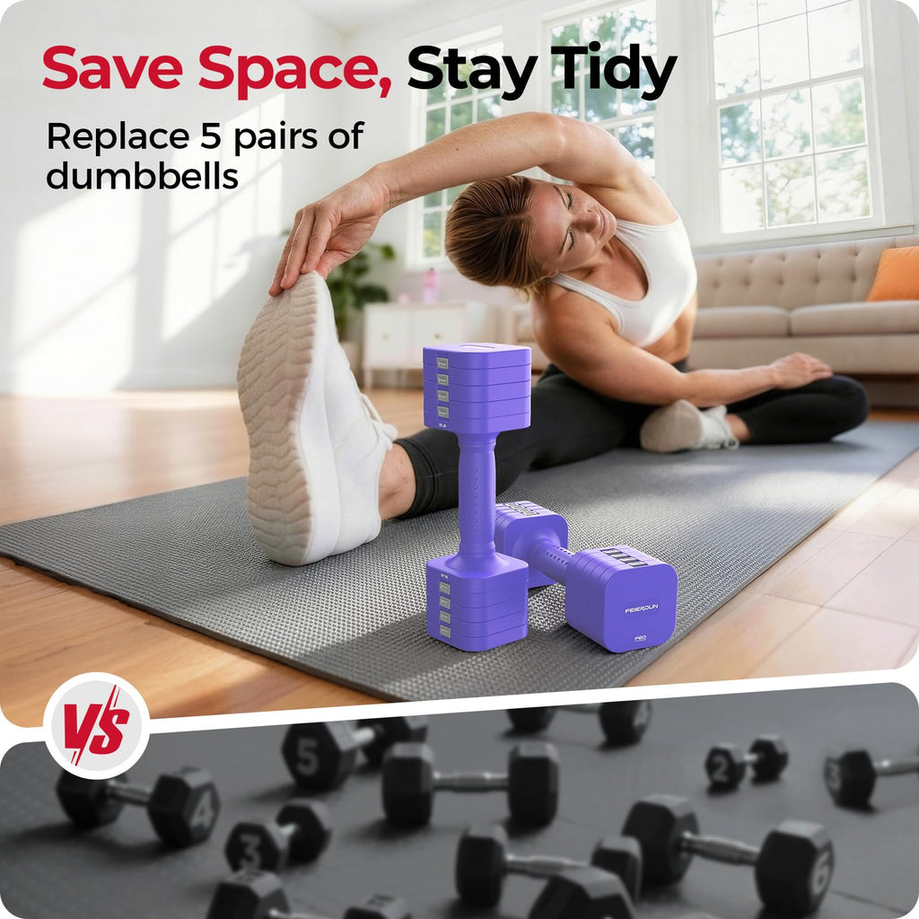FEIERDUN DB3 5-in-1 Adjustable Dumbbell Set, 6LB/10LB Pair Adjustable Weights for Women at Home, Dual Locking Stable Hand Weights with TPU Soft Handle, Home Gym, Rehab, Pilates, Yoga, Strength Training