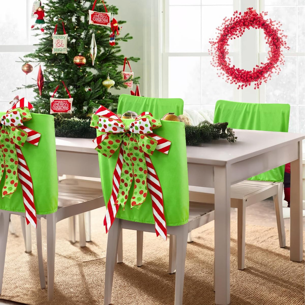 MelonBoat Christmas Chair Back Covers: 4Pcs Green Red Bows Dining Chair Covers, Chair Back Covers for Xmas Holiday Home Kitchen Decorations Dining Room, Office