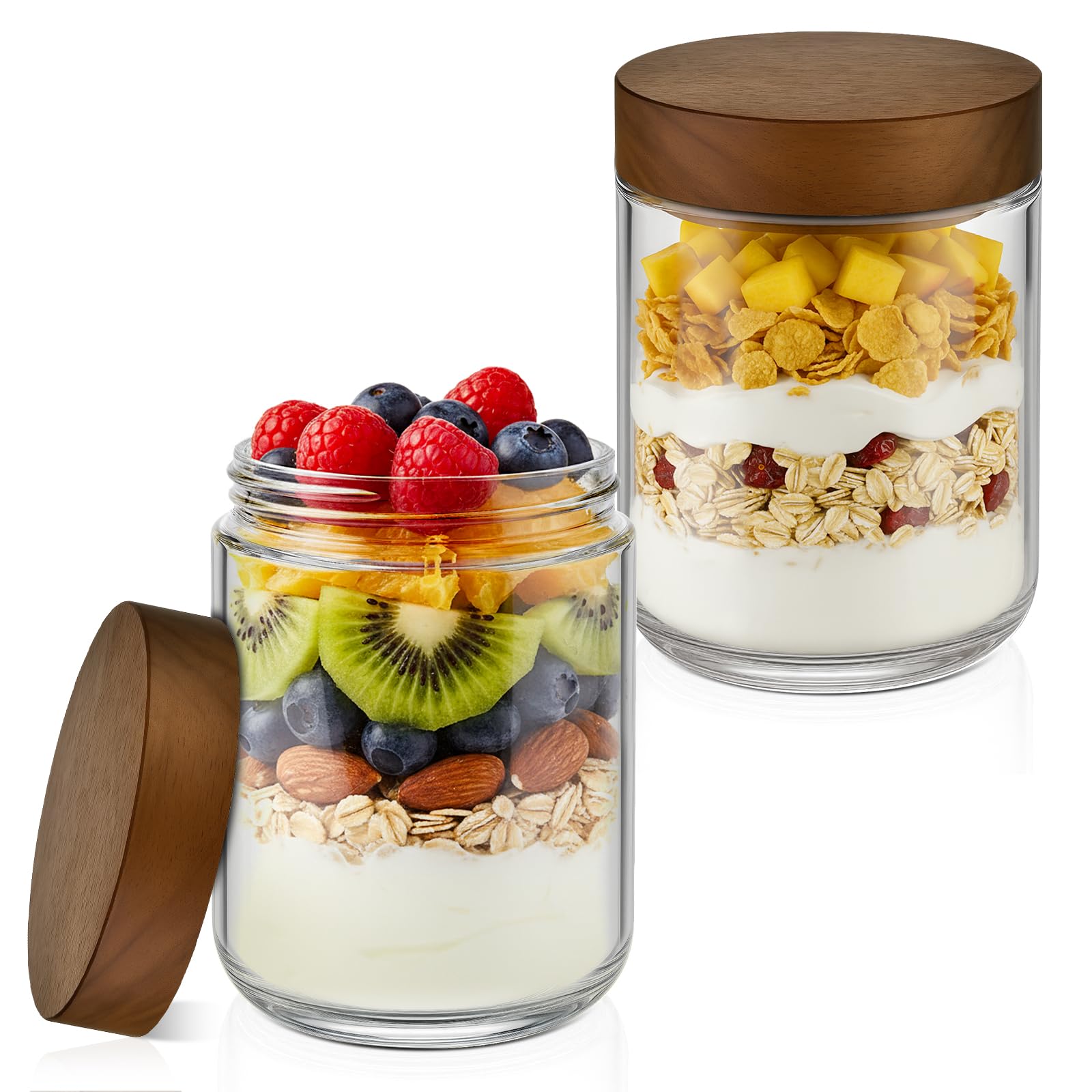 Bumobum 10 oz Small Glass Jars with Lids, Glass Container with Acacia Wood Airtight Lid, Wide Mouth Canisters for Chia Pudding Loose Tea Coffee Meal Prep Parfait Salad Snacks Yogurt Spice, 4-Pack