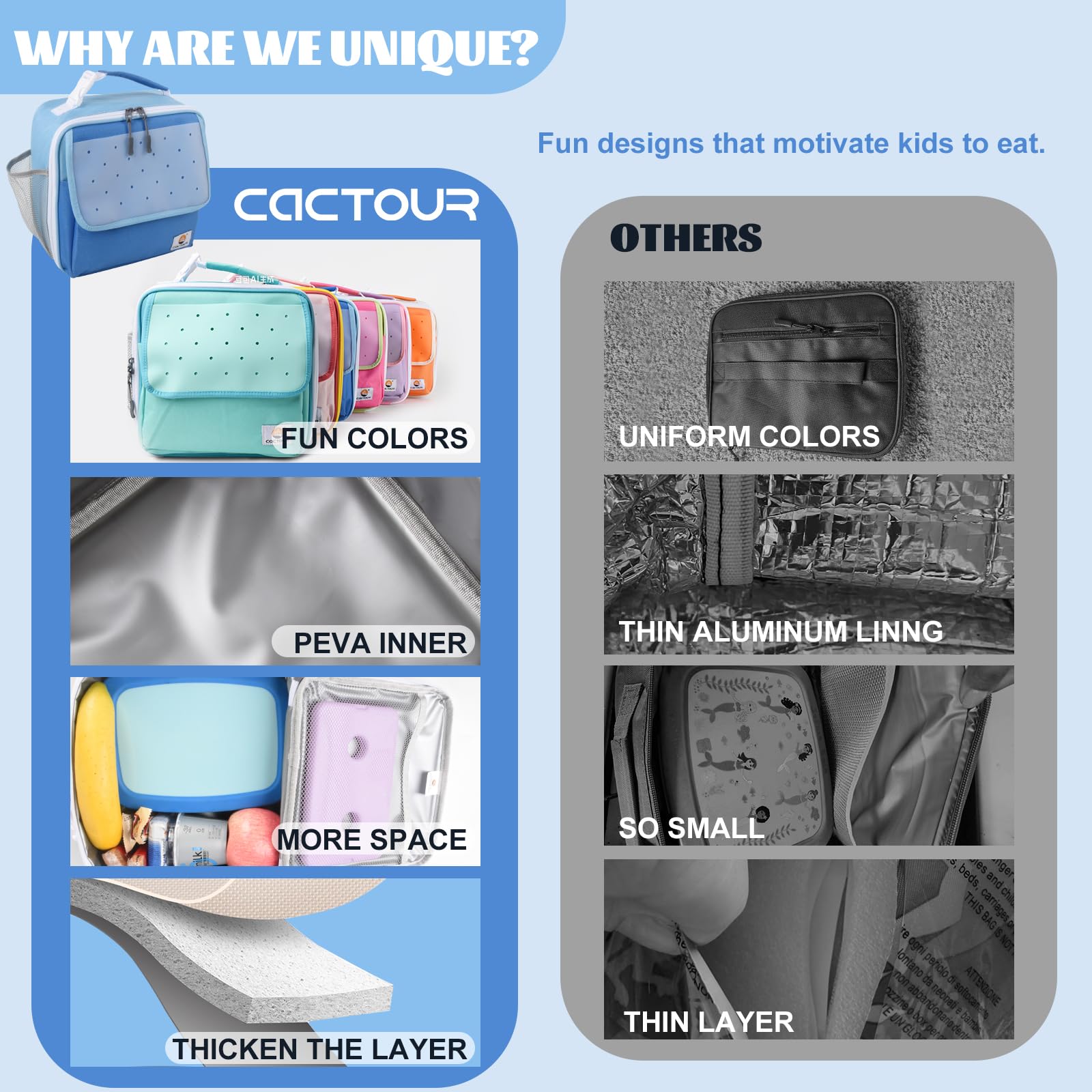 CaCTOUR Lunch Box Kids,Premium Insulated Lunchbox for Girls Boys,Soft Mini Cooler Bag Back to School Thermal Reusable Lunch Bag for Work School Picnic (Blue)