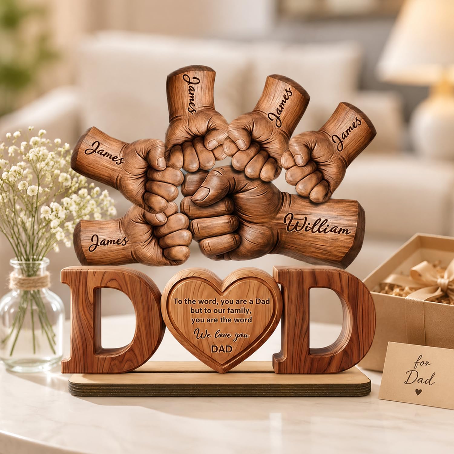 Personalized Fist Bump Dad and Kids Name Wooden Plaque, Custom Fathers Day Plaque for Dad Grandpa, Customized Sign Decorations for Daddy, Grandpa, Heartfelt Father's Day Birthday Gifts for Husband