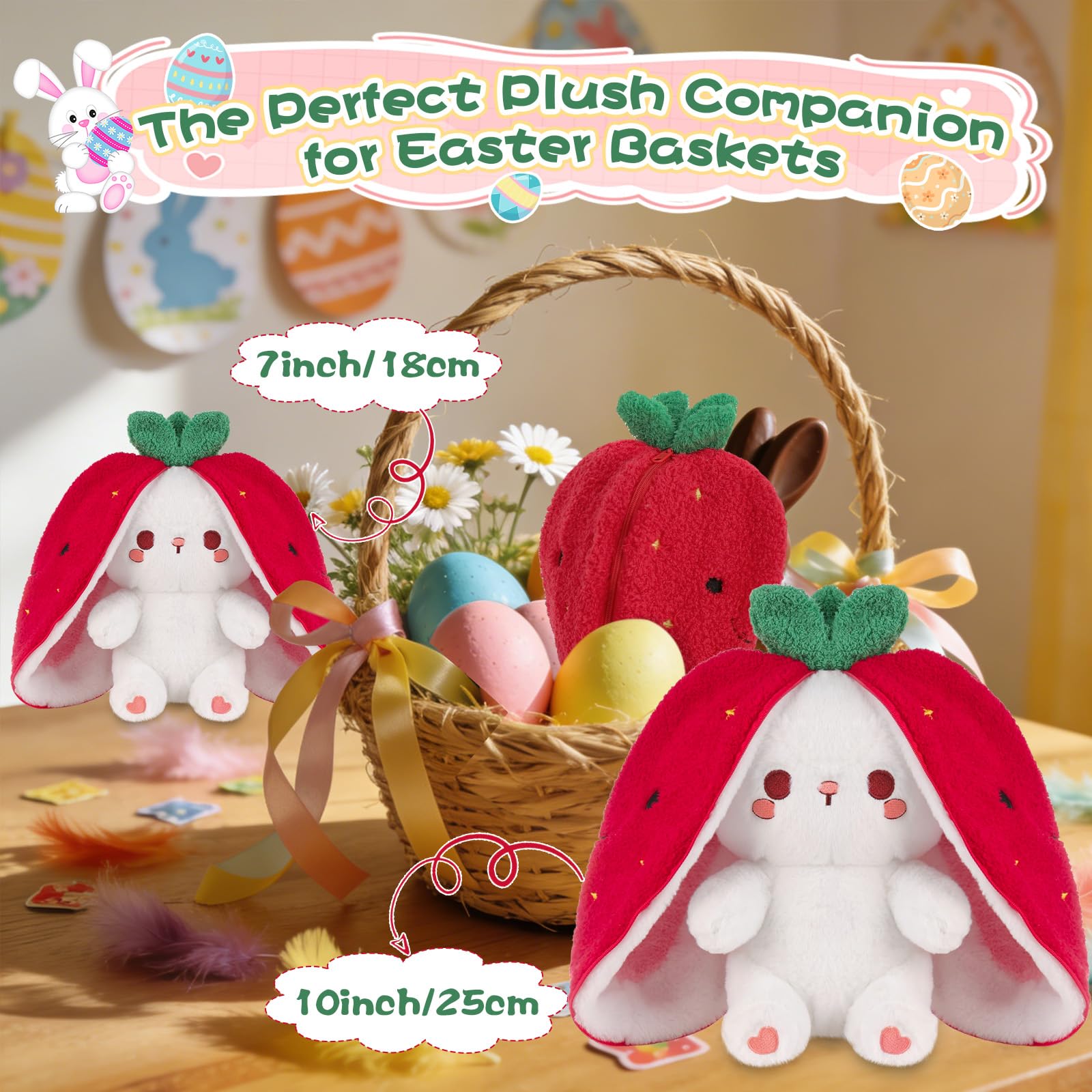 MIAODAM Bunny Stuffed Animal Reversible Cuddle Bunny Stuffed,Strawberry Bunny Transformed Rabbit Plush Zipper,Turns Into Ears Bunnies Plushies Toy Cute Stuffy Doll Easter