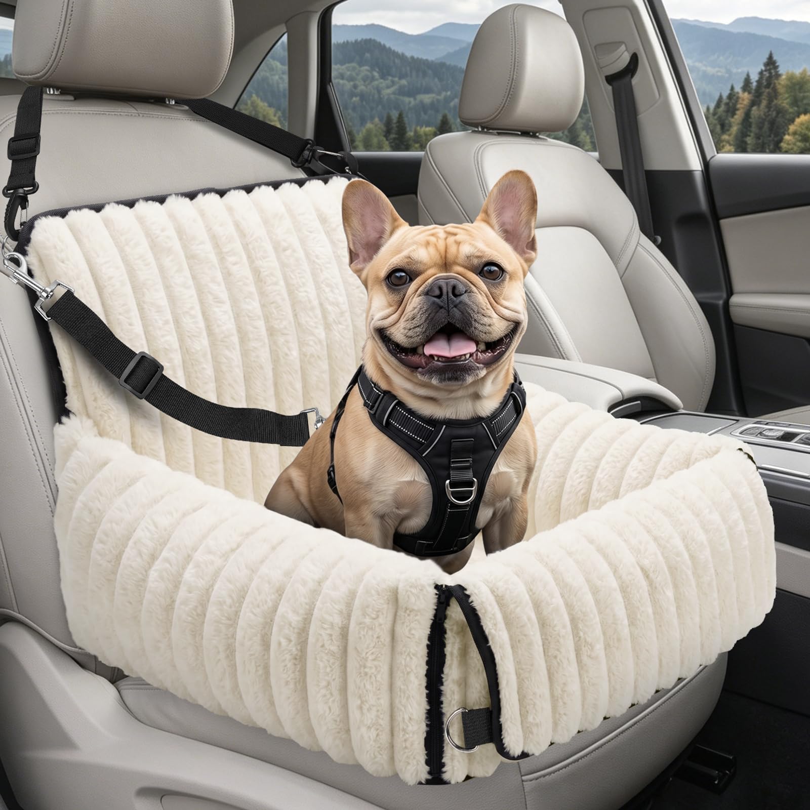 MIXJOY 6-in-1 Dog Car Seat for Small/Medium Dogs up to 25 lbs, Multi-Functional Dog Carrier for Car with Detachable Washable Cover, Pet Travel Bed with Clip-On Safety Leash, Beige